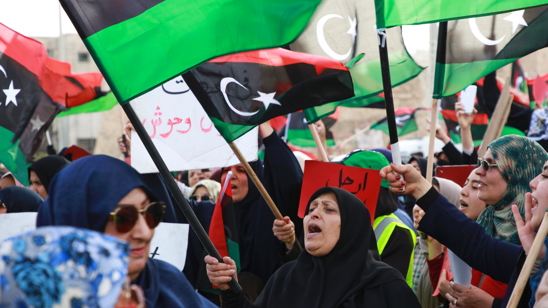 Libyans hold a demonstration at Martyrs' Square against military operations by forces loyal to Field Marshal Khalifa Hifter in Tripoli, Libya, Friday, May 3, 2019. (AP Photo/Hazem Ahmed)