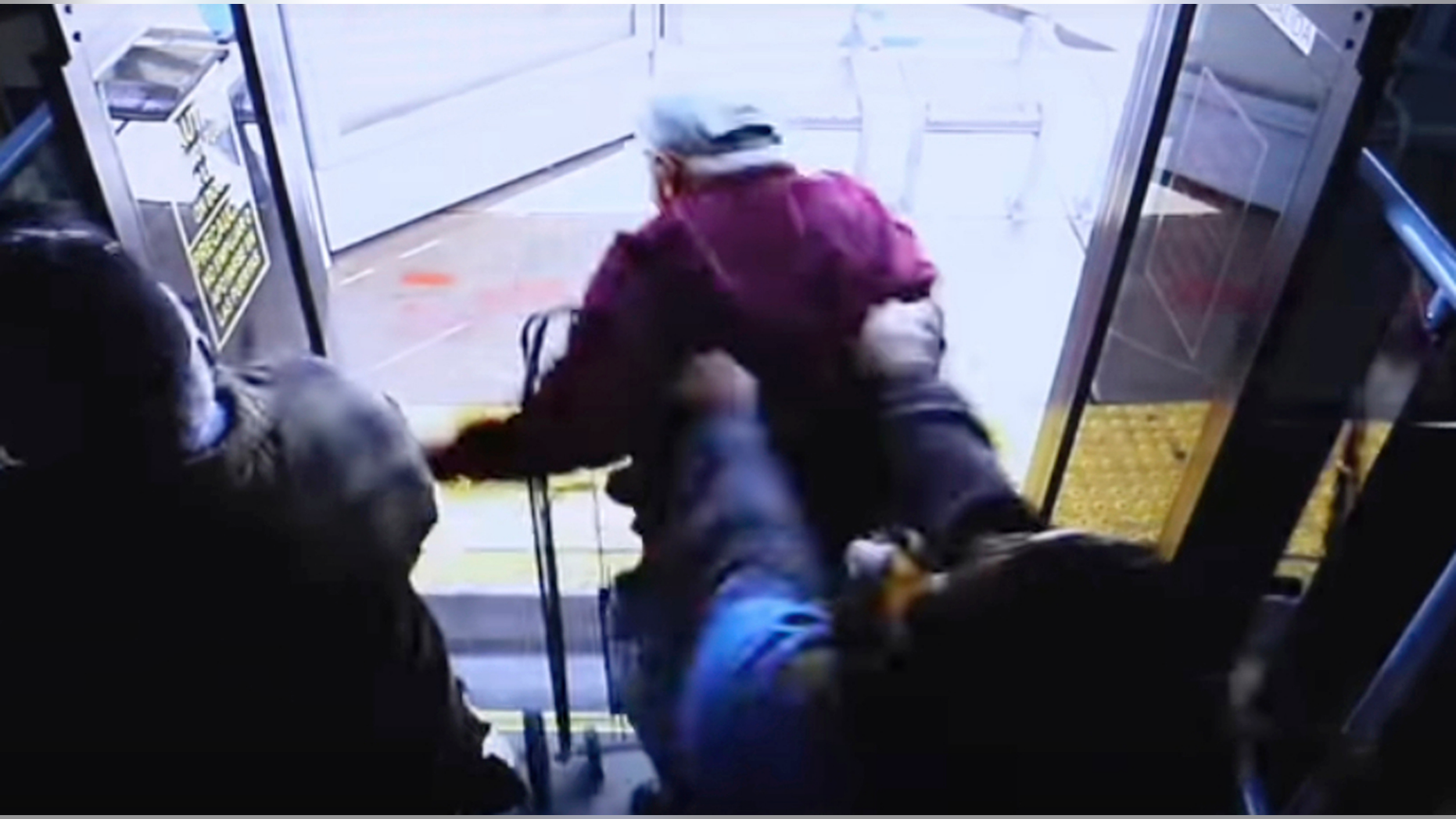 In this still image taken from security video and provided by the Las Vegas Metropolitan Police Department, a woman shoves a 74-year-old man off a public transit bus on March 21, 2019. The man, Serge Fournier, hit his head on the sidewalk and died a month later. The Clark County coroner ruled his death a homicide resulting from his injuries. Cadesha Michelle Bishop was arrested Monday, May 13, 2019, and is scheduled to appear in court on May 21. (Las Vegas Metropolitan Police Department via AP)