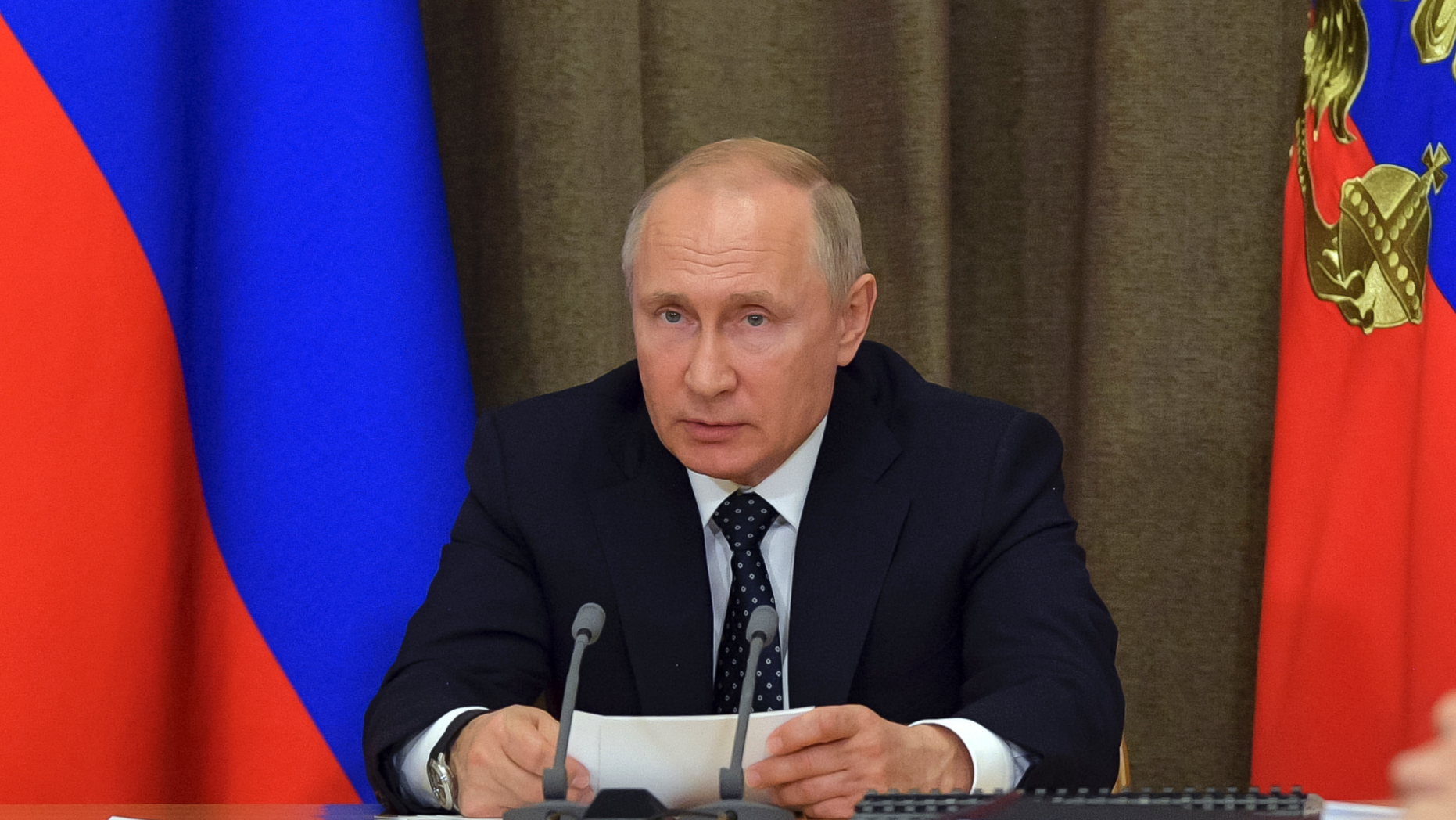 Russian President Vladimir Putin chairs a meeting of Russian military aviation in the Black Sea resort of Sochi, Russia, Wednesday, May 15, 2019. (Alexei Druzhinin, Sputnik, Kremlin Pool Photo via AP)