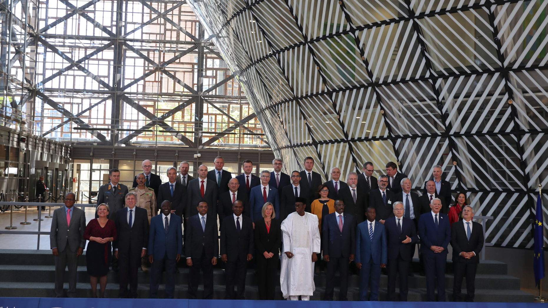 European Union foreign policy chief Federica Mogherini, front row center, poses along with ministers for a group photo after an EU Foreign and Defense Ministers meeting with their counterparts of the G5 Sahel countries at the European Council headquarters in Brussels, Tuesday, May 14, 2019. (AP Photo/Francisco Seco)
