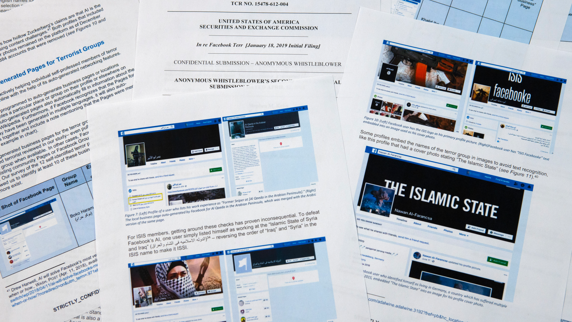 Pages from a confidential whistleblower's report obtained by The Associated Press are photographed Tuesday, May 7, 2019, in Washington. Facebook likes to give the impression that it’s stopping the vast majority of extremist posts before users ever see them., but the confidential whistleblower’s complaint to the Securities and Exchange Commission alleges the social media company has exaggerated its success. Even worse, it shows that the company is making use of propaganda by militant groups to auto-generate videos and pages that could be used for networking by extremists. (AP Photo/Jon Elswick)