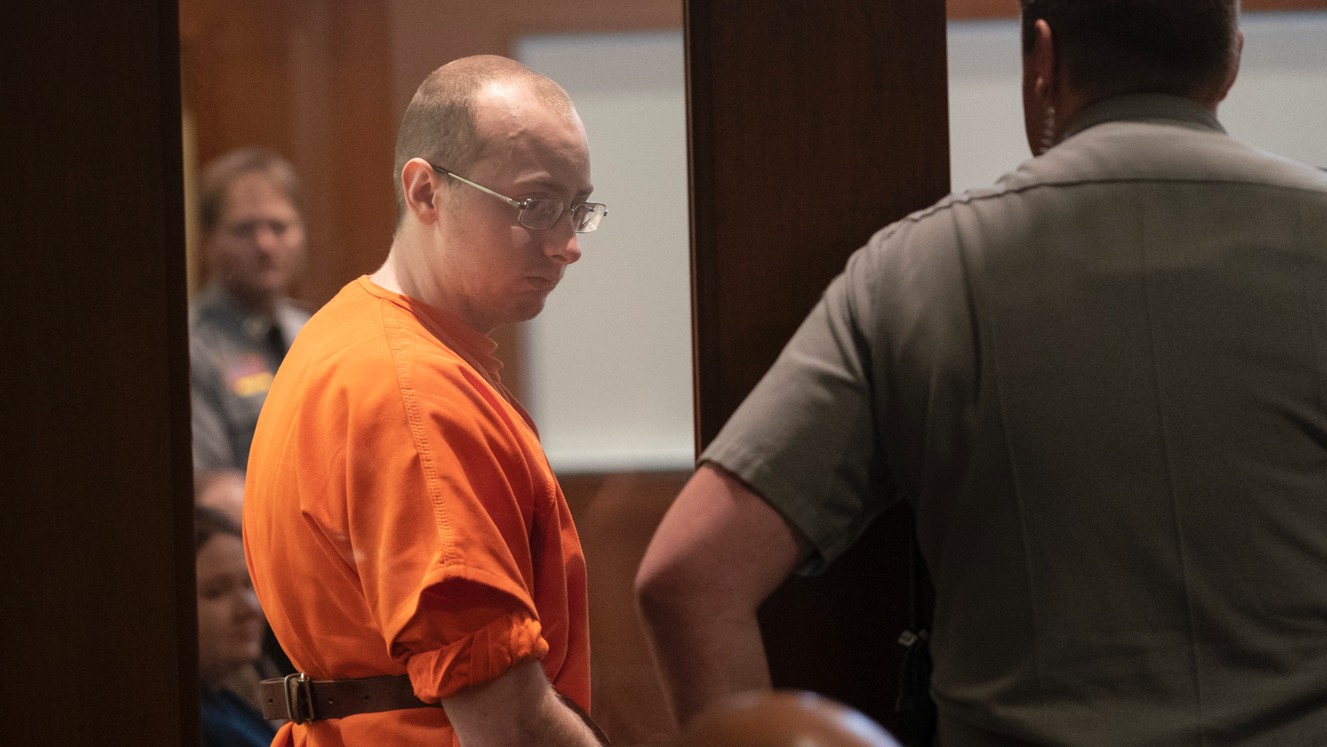 Jake Patterson walked into court for his sentencing in the murder of James and Denise Closs at the Barron County Justice Center in Barron, Wis., on Friday, May 24, 2019. Barron County District Attorney Brian Wright told a judge during Jake Patterson's sentencing hearing Friday that Patterson would never stop trying to find and possibly kill Jayme Closs if he gets out of prison.(Renee Jones Schneider/Star Tribune via AP, Pool)
