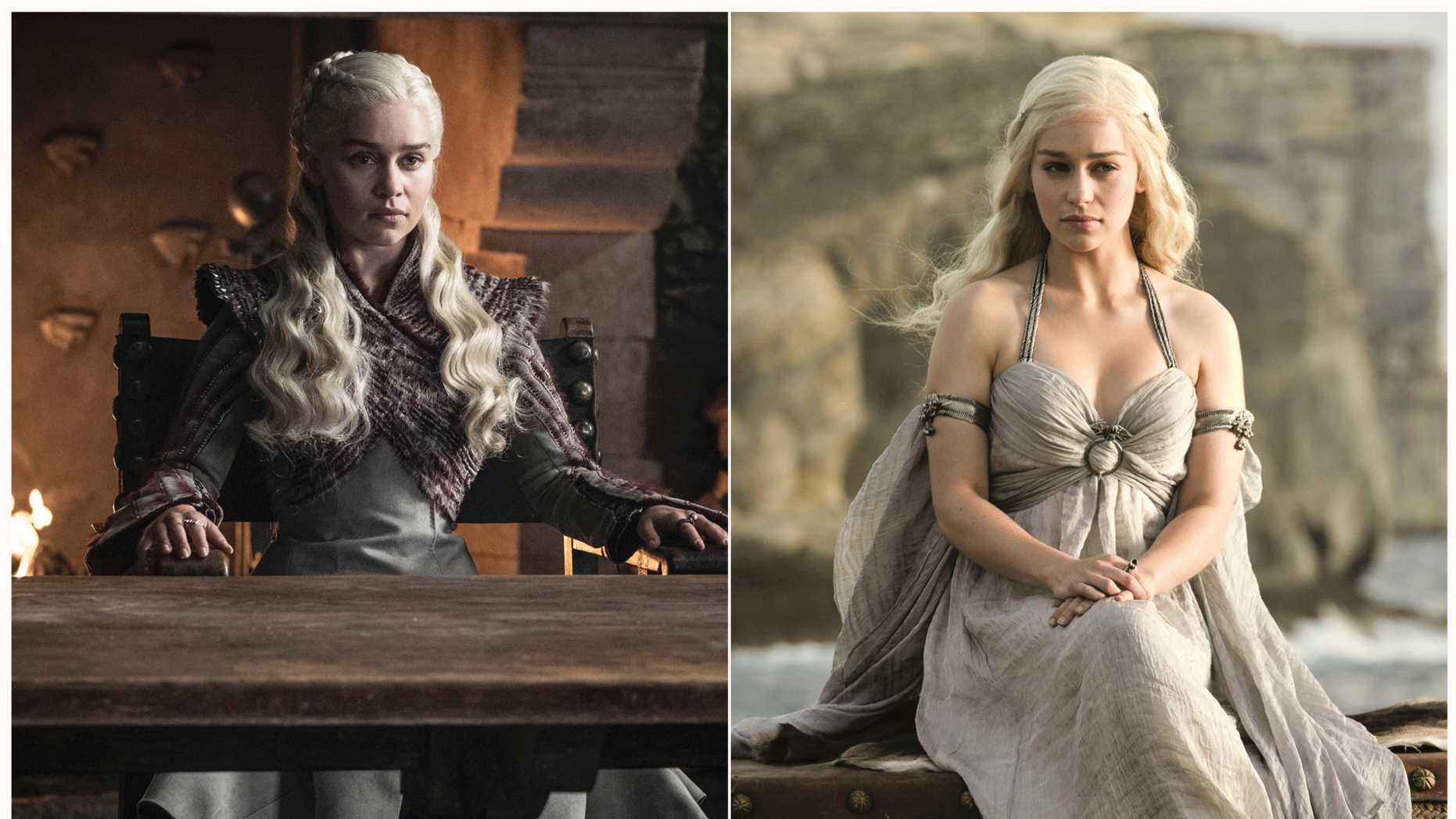 This combination photo of images released by HBO shows Emilia Clarke portraying Daenerys Targaryen in "Game of Thrones."The final episode of the popular series aired on Sunday, May 19, 2019. (HBO via AP)