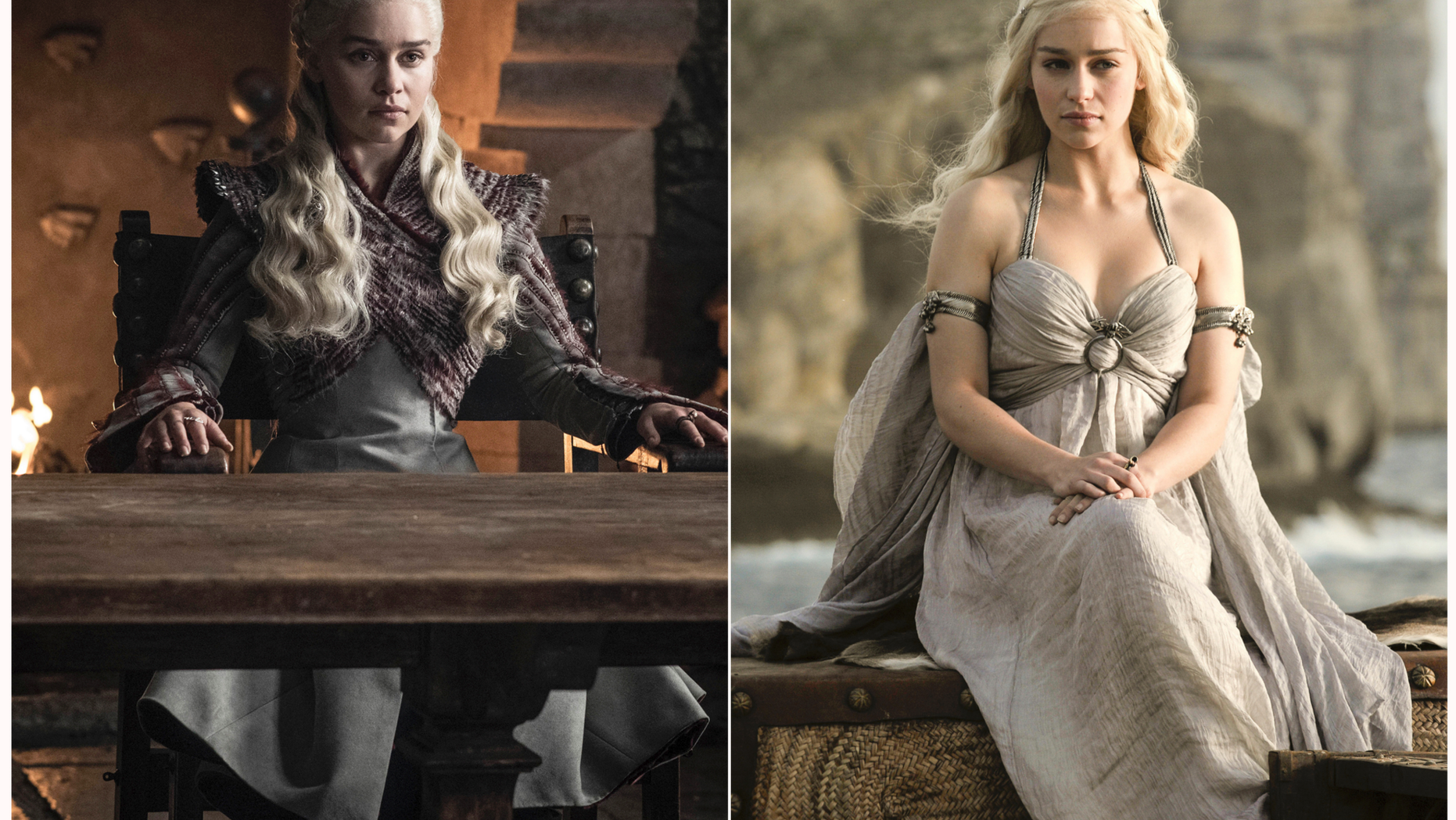 This combination photo of images released by HBO shows Emilia Clarke portraying Daenerys Targaryen in "Game of Thrones."The final episode of the popular series aired on Sunday, May 19, 2019. (HBO via AP)