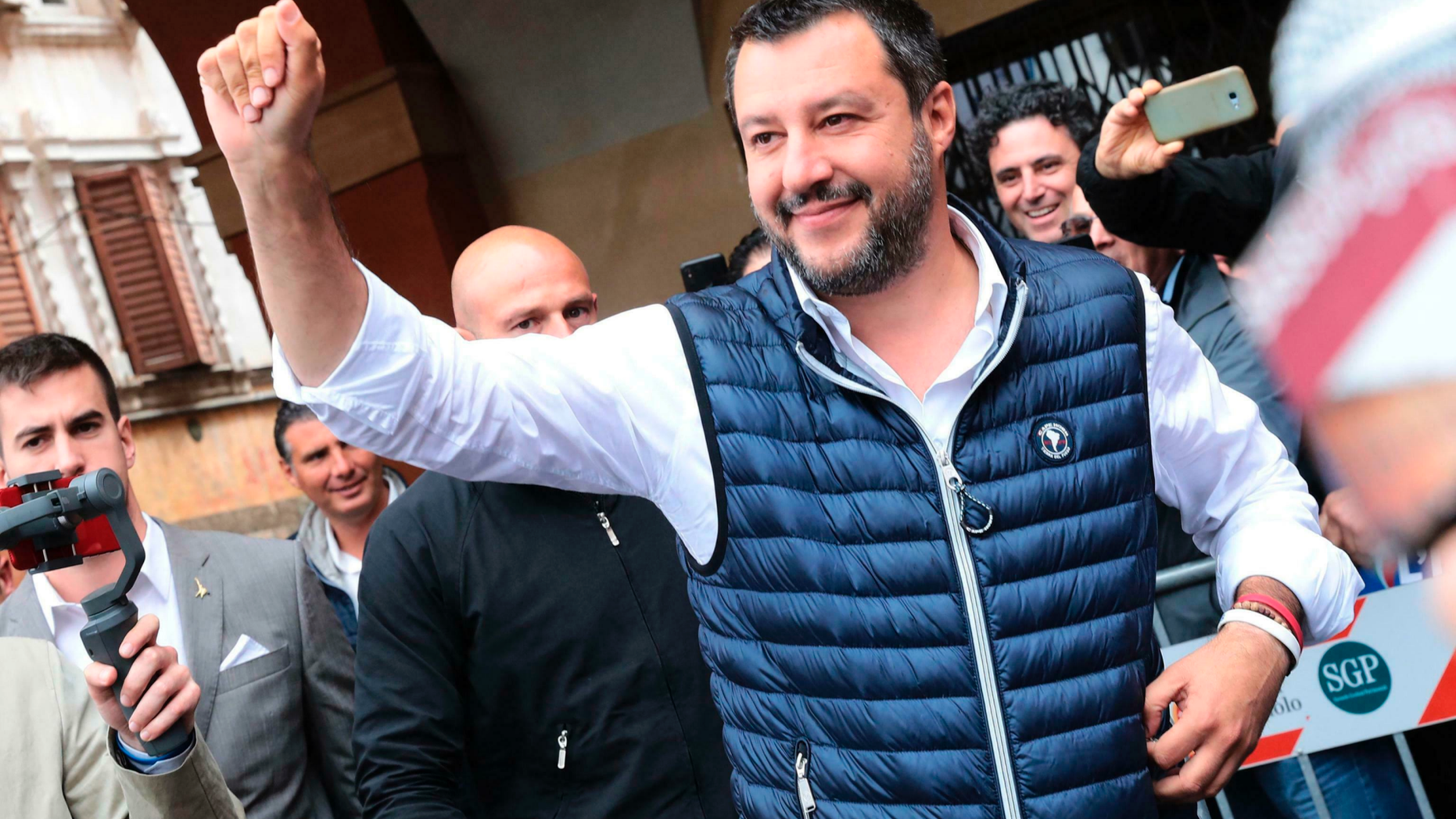 Italian Deputy Premier and Interior Minister, Matteo Salvini, attends an election campaign rally in Sassuolo, Italy, Sunday, May 19, 2019. Salvini, the head of Italy's right-wing League party, has positioned himself at the forefront of a growing movement of nationalist leaders seeking to free the European Union's 28 nations from what he called Brussels' "illegal occupation". (Serena Campanini/ANSA via AP)