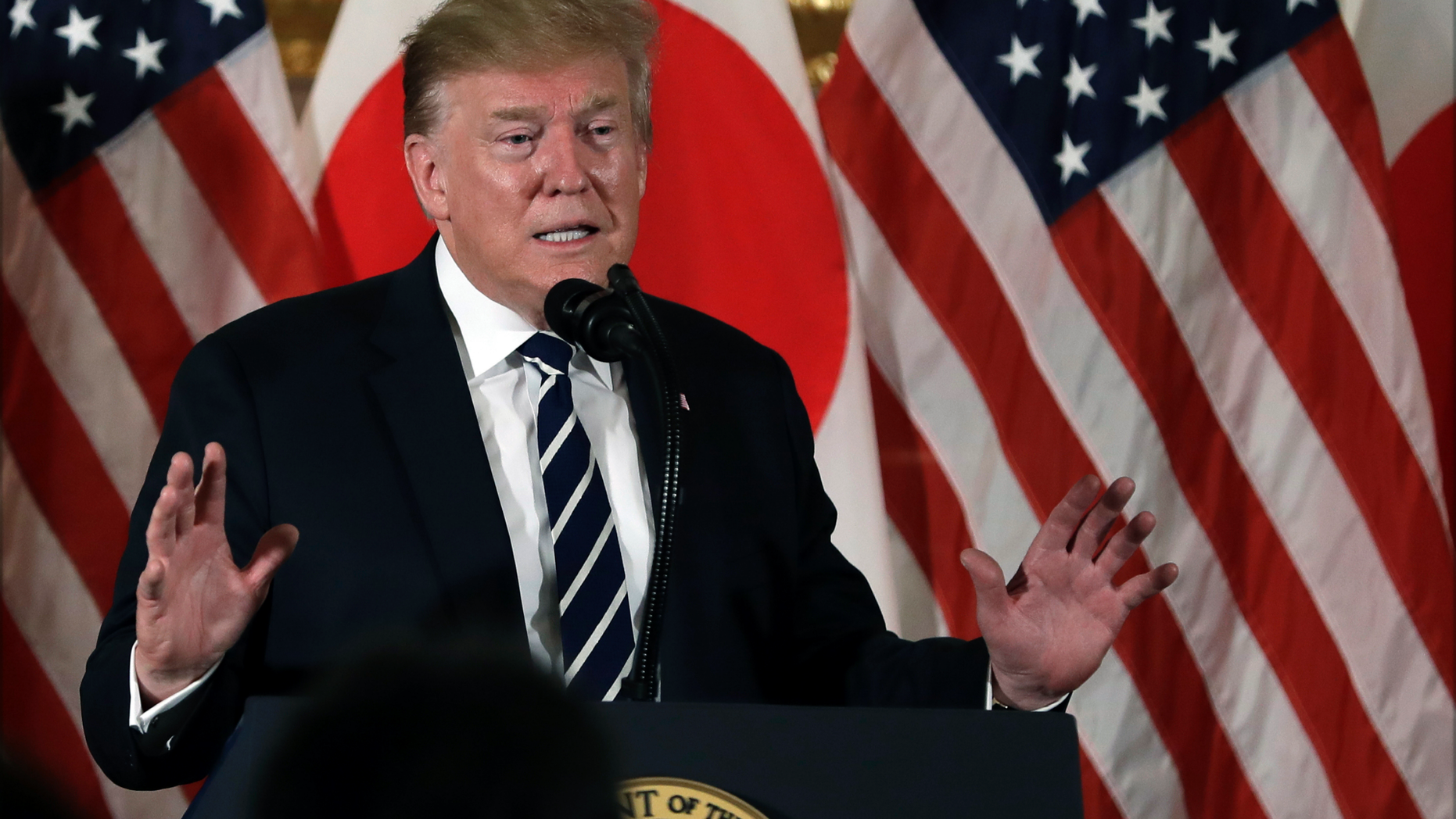 President Donald Trump speaks as he meets with Japanese business leaders, Saturday, May 25, 2019, in Tokyo. (AP Photo/Evan Vucci)