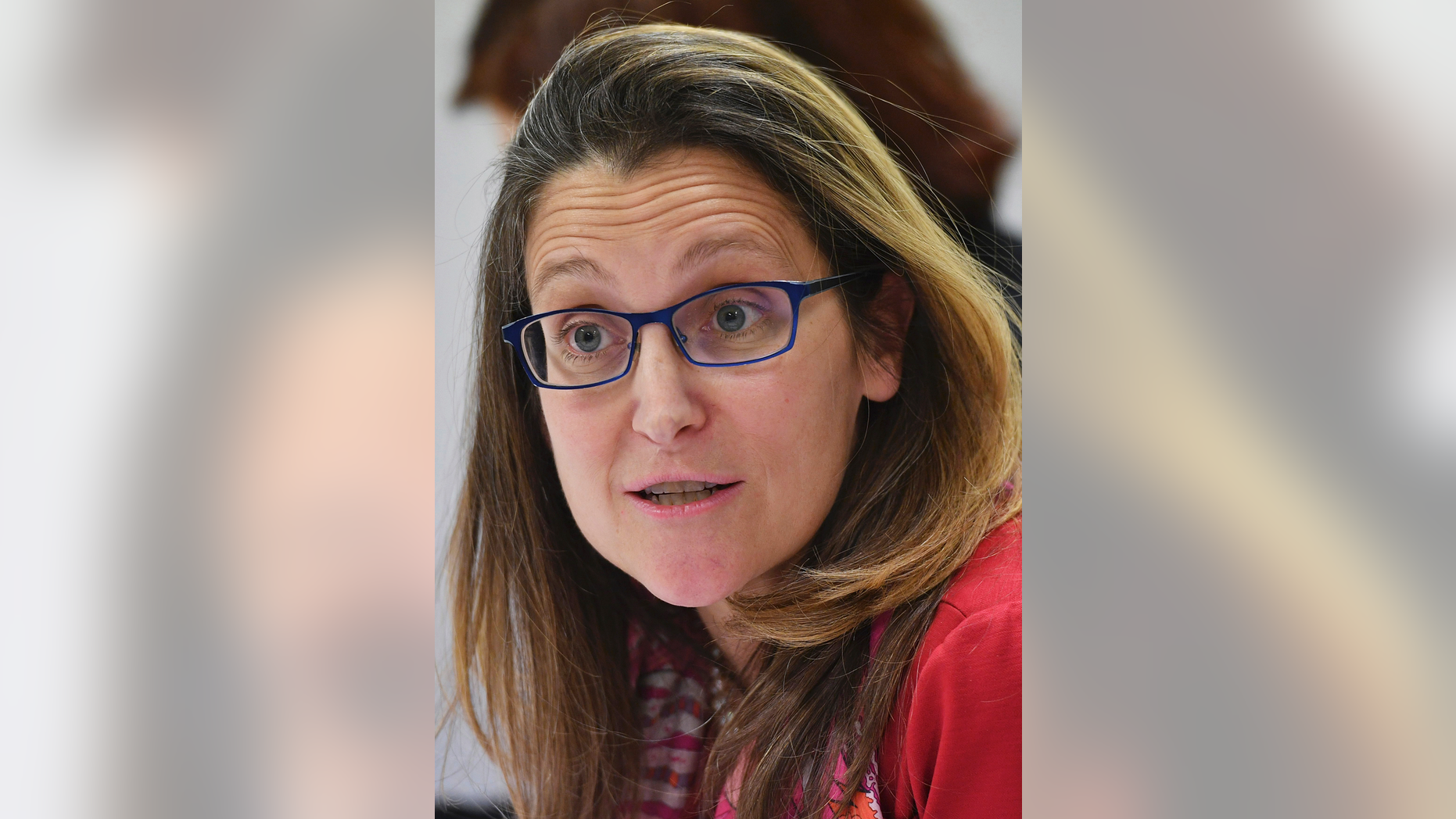 Canada's Foreign Minister Chrystia Freeland speaks during a bilateral meeting with US Secretary of State Mike Pompeo at the Lappi Areena, Tuesday, May 7, 2019, in Rovaniemi, Finland. (Mandel Ngan/Pool Photo via AP)
