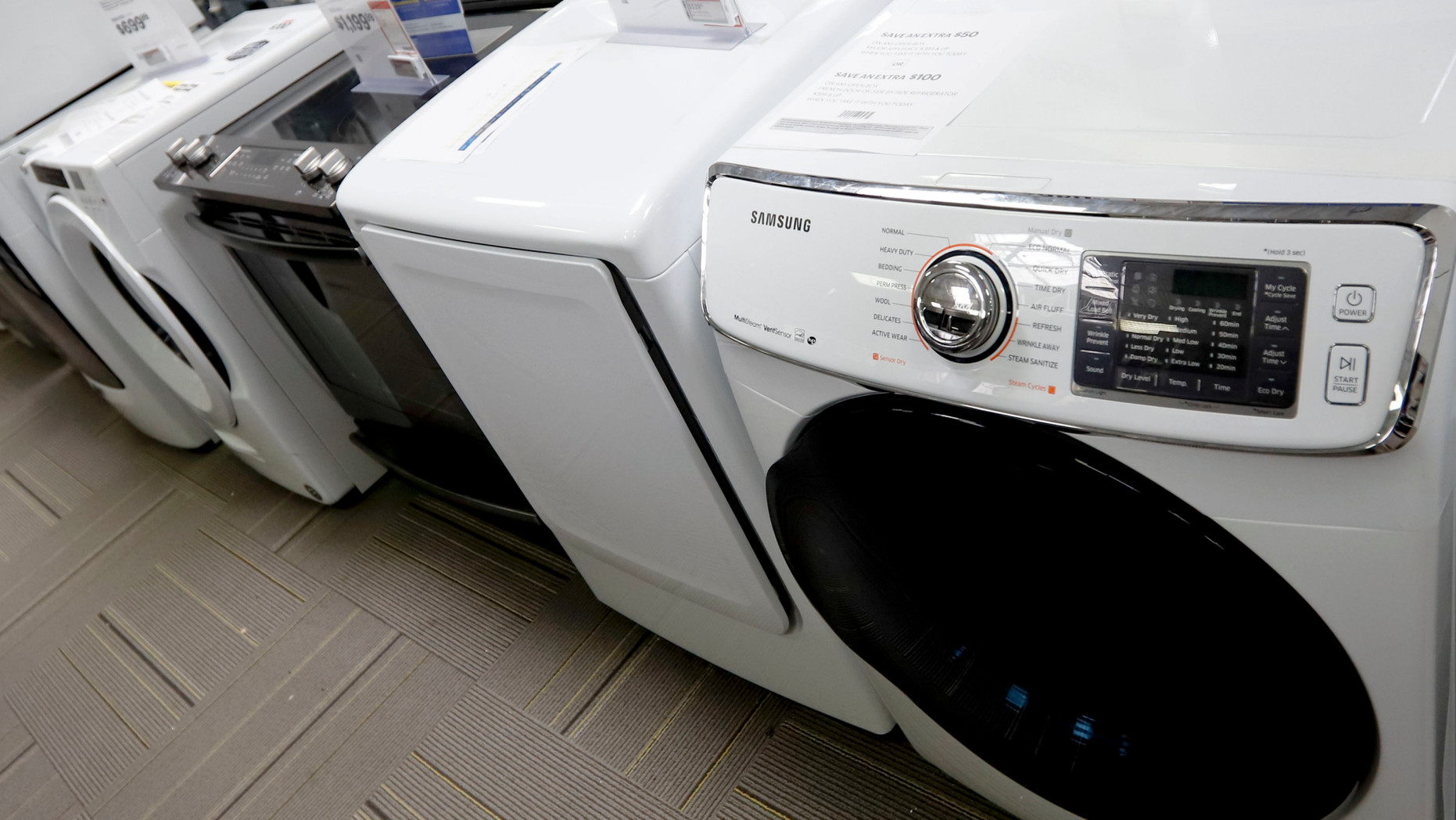 FILE - In this May 9, 2019, file photo washers and dryers are shown on display in a retail store in Cranberry Township, Pa. On Friday, May 24, the Commerce Department releases its March report on durable goods. (AP Photo/Keith Srakocic, File)