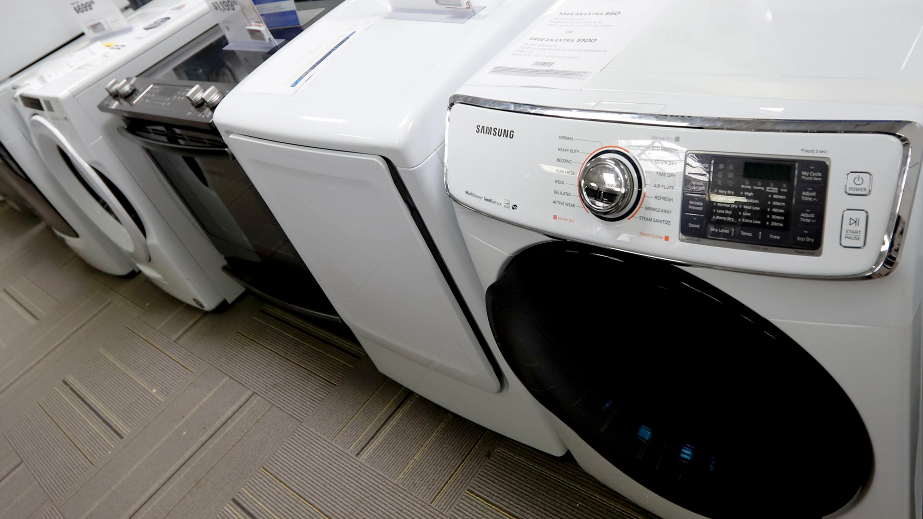 FILE - In this May 9, 2019, file photo washers and dryers are shown on display in a retail store in Cranberry Township, Pa. On Friday, May 24, the Commerce Department releases its March report on durable goods. (AP Photo/Keith Srakocic, File)