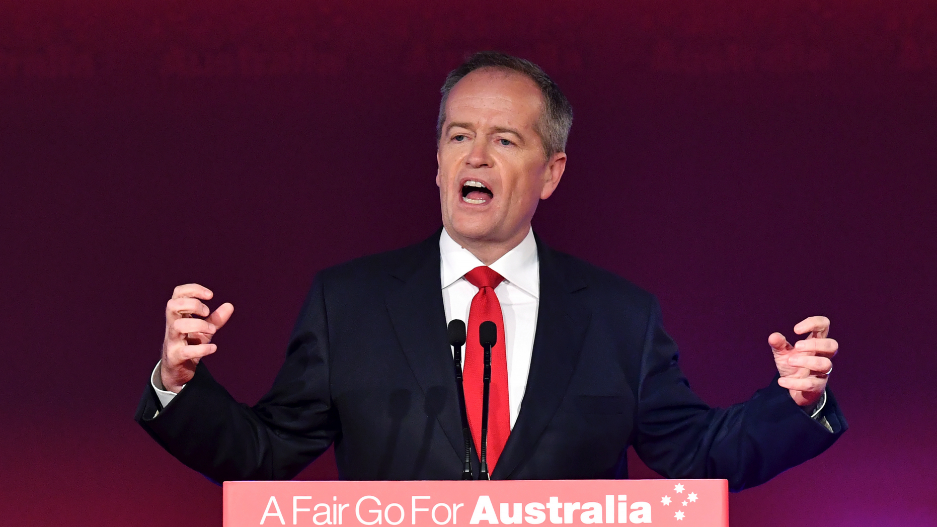 Opposition leader Bill Shorten speaks at the launch of Labor's federal election campaign at the Brisbane Convention and Exhibition Centre in Brisbane, Sunday, May 5, 2019. Australia's opposition party officially launched its election campaign putting health care and climate change at the forefront of its bid for election on May 18. (Darren England/AAP Image via AP)