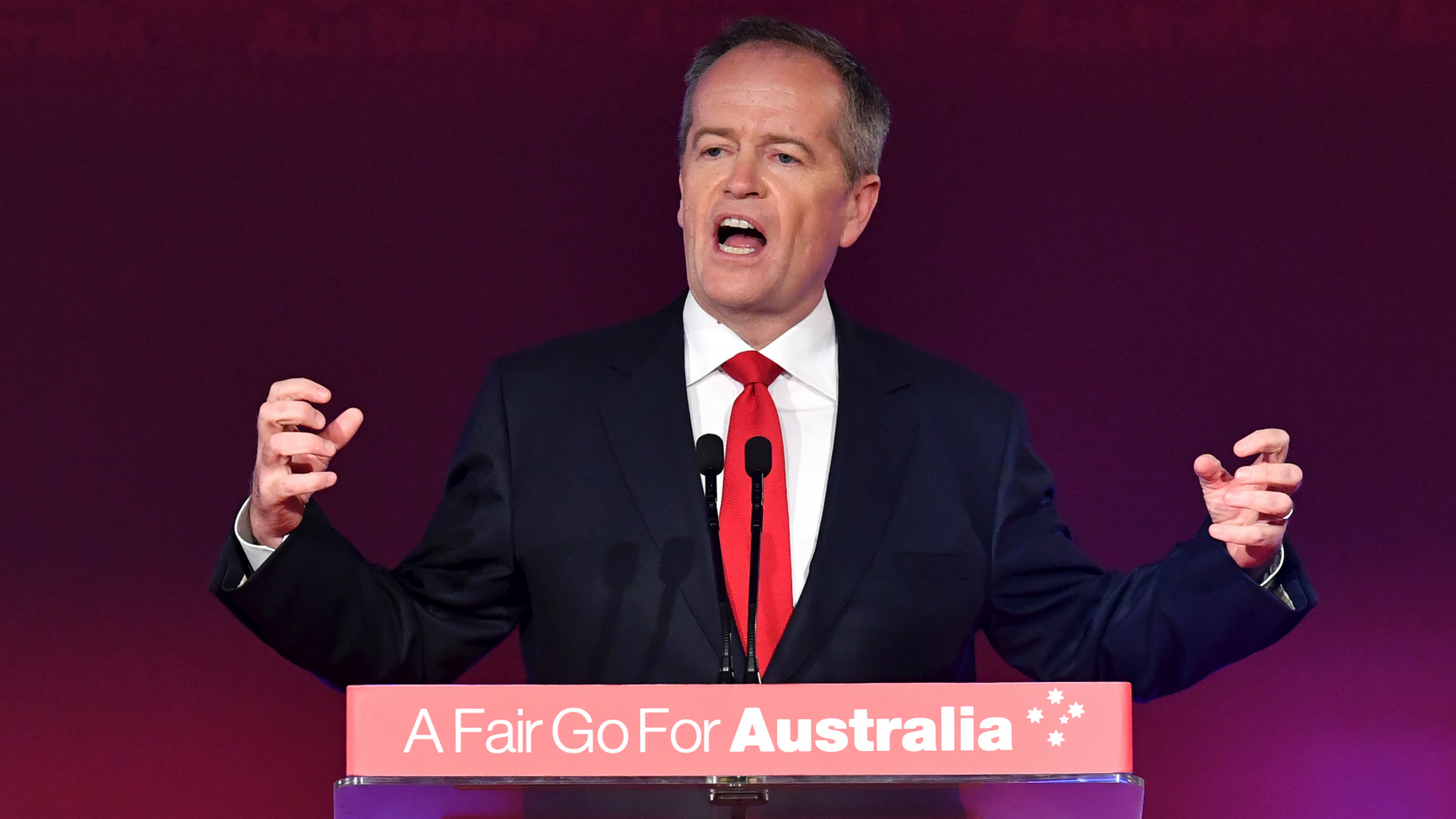 Opposition leader Bill Shorten speaks at the launch of Labor's federal election campaign at the Brisbane Convention and Exhibition Centre in Brisbane, Sunday, May 5, 2019. Australia's opposition party officially launched its election campaign putting health care and climate change at the forefront of its bid for election on May 18. (Darren England/AAP Image via AP)