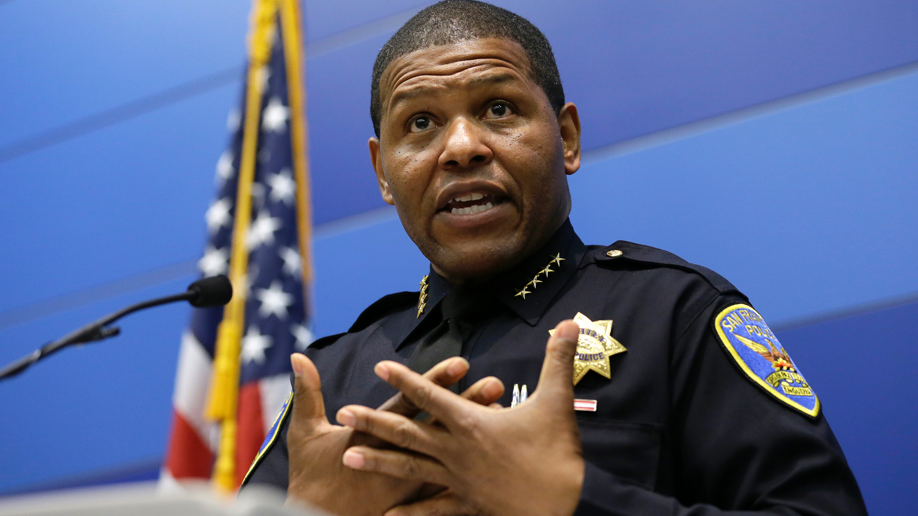 San Francisco Police Chief William Scott answers questions during a news conference, Tuesday, May 21, 2019, in San Francisco. Police agreed Tuesday to return property seized from a San Francisco journalist in a raid, but the decision did little to ease tensions in the case, which has alarmed journalism advocates and put pressure on city leaders. Authorities have said the May 10 raids on freelancer Bryan Carmody's home and office were part of an investigation into what police called the illegal leak of a report on the death of former Public Defender Jeff Adachi, who died unexpectedly in February. (AP Photo/Eric Risberg)