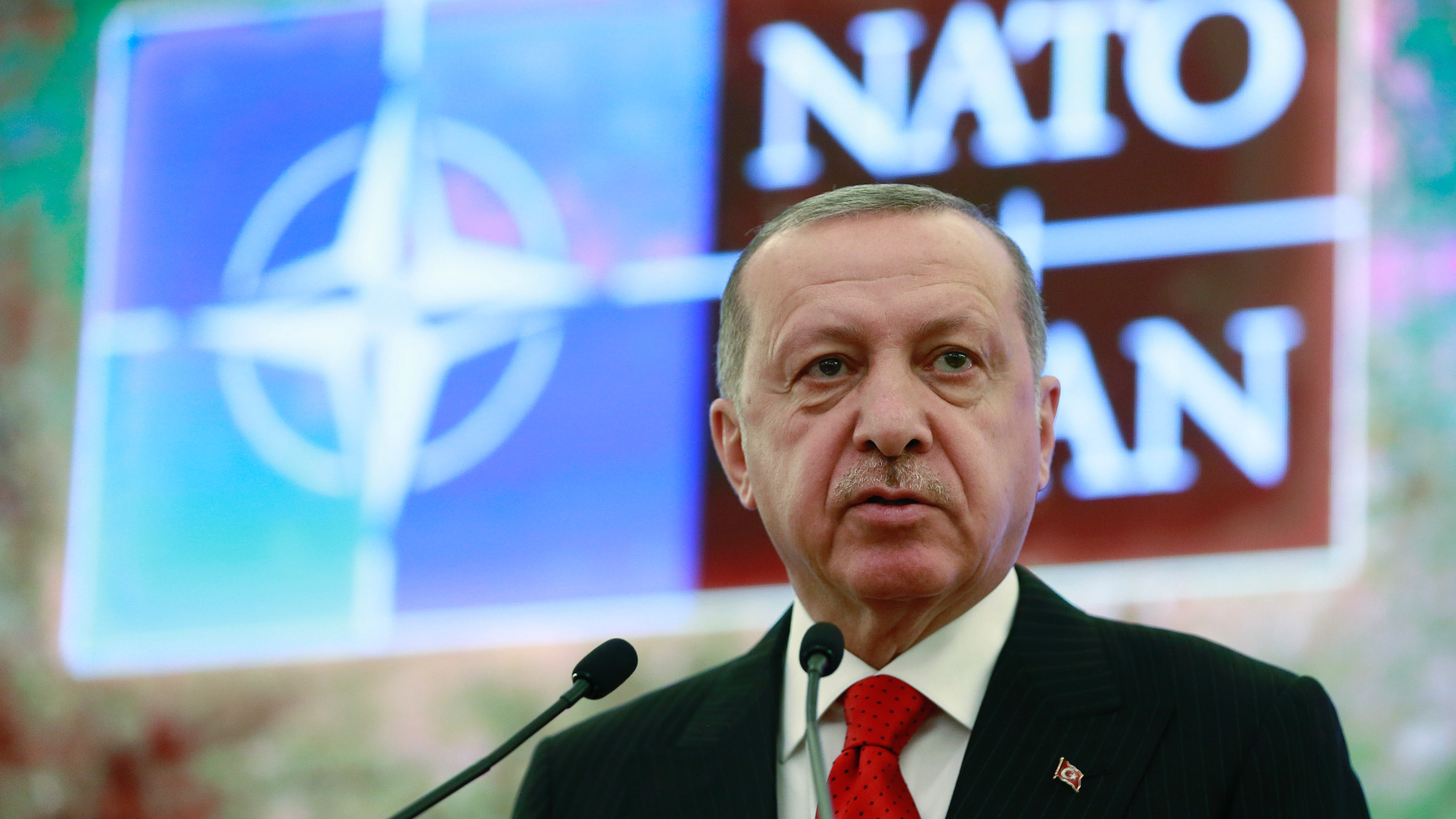 Turkey's President Recep Tayyip Erdogan addresses a meeting of the NATO's Mediterranean Dialogue, in Ankara, Turkey, Monday, May 6, 2019. Erdogan says Turkey's decision to purchase Russian-made S-400 missile defense systems does not mean that it is seeking "alternatives" in its relations with the West.(Presidential Press Service via AP, Pool)