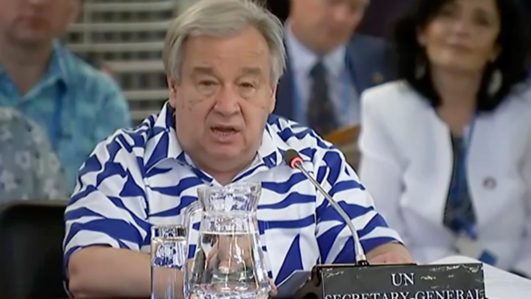 In this image made from video, United Nations Secretary-General Antonio Guterres addresses the Pacific Islands Forum, Wednesday, May 15, 2019, in Suva, Fiji. Guterres says he’s traveling to three South Pacific island nations to see the effects of climate change firsthand. Speaking in Fiji at a meeting with officials from the Pacific Islands Forum, the U.N. leader says he wants to learn about the work being undertaken by island communities to bolster resilience. (Fiji Broadcasting via AP)