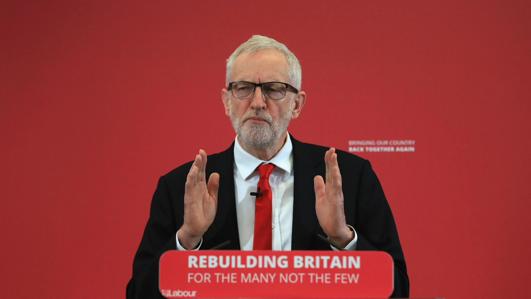 Britain's Labour Party leader Jeremy Corbyn launches his party's European election campaign at the University of Kent in Chatham, Thursday May 9, 2019. (Gareth Fuller/PA via AP)