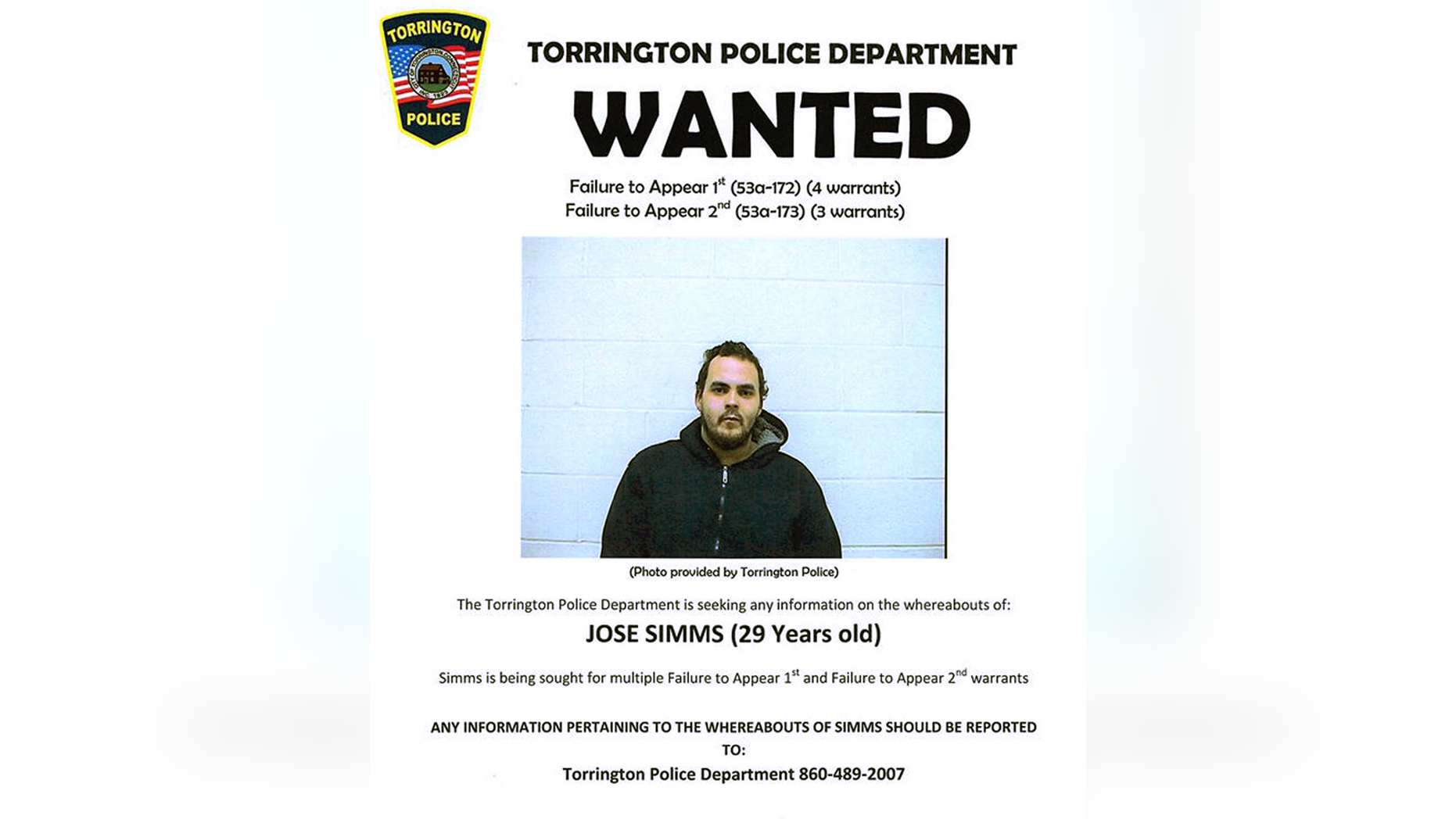 This wanted poster released by the Torrington, Conn., Police Department on its Facebook page shows an undated booking photo of Jose Simms, a fugitive with seven arrest warrants being sought after failing to appear in court. An officer in the department reached a deal with the fugitive on Wednesday, May 22, 2019, who agreed to turn himself in if there were 15,000 likes of the wanted poster on social media. (Torrington Police Department via AP)