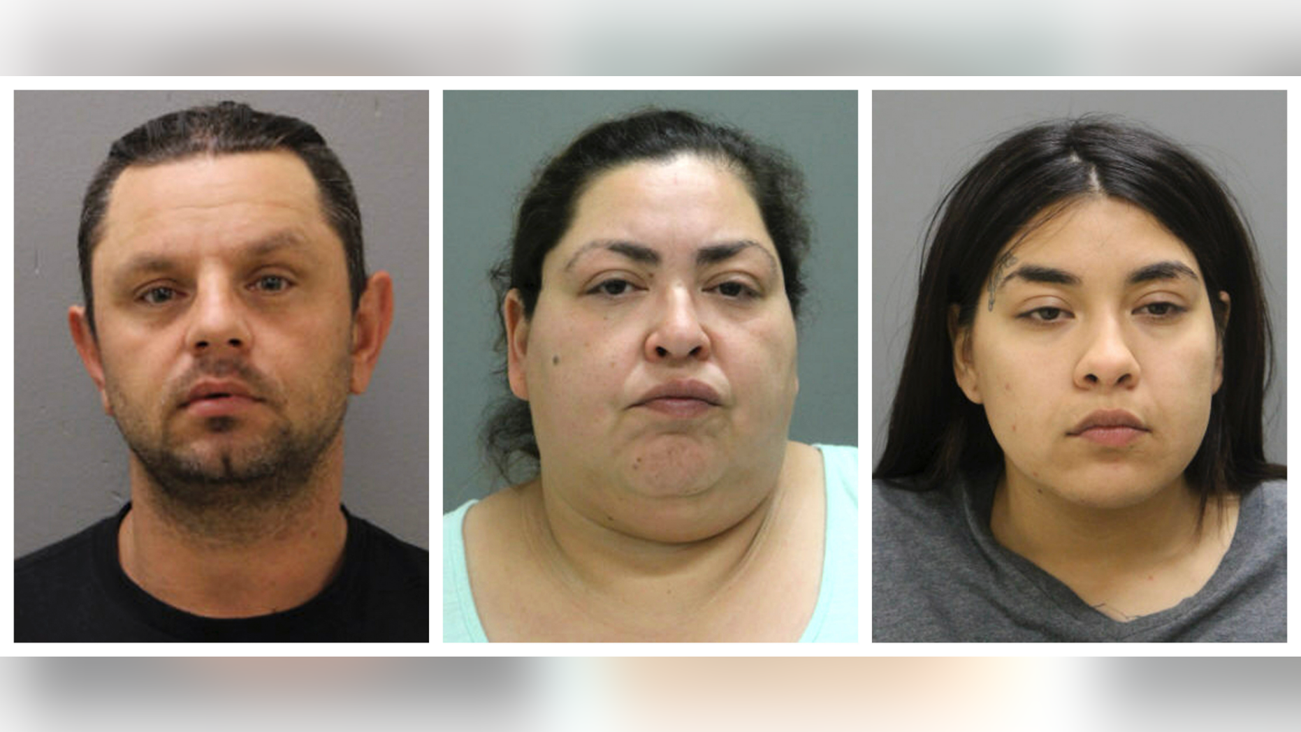 This combination of booking photos provided by the Chicago Police Department on Thursday, May 16, 2019 shows from left, Pioter Bobak, 40; Clarisa Figueroa, 46; and Desiree Figueroa, 24. Charges against them come three weeks after 19-year-old Marlen Ochoa-Lopez disappeared and a day after her body was discovered in a garbage can in the backyard of Clarissa Figueroa's home in Chicago's Southwest Side. Police said the teenager was strangled and her baby cut from her body. (Chicago Police Department via AP)