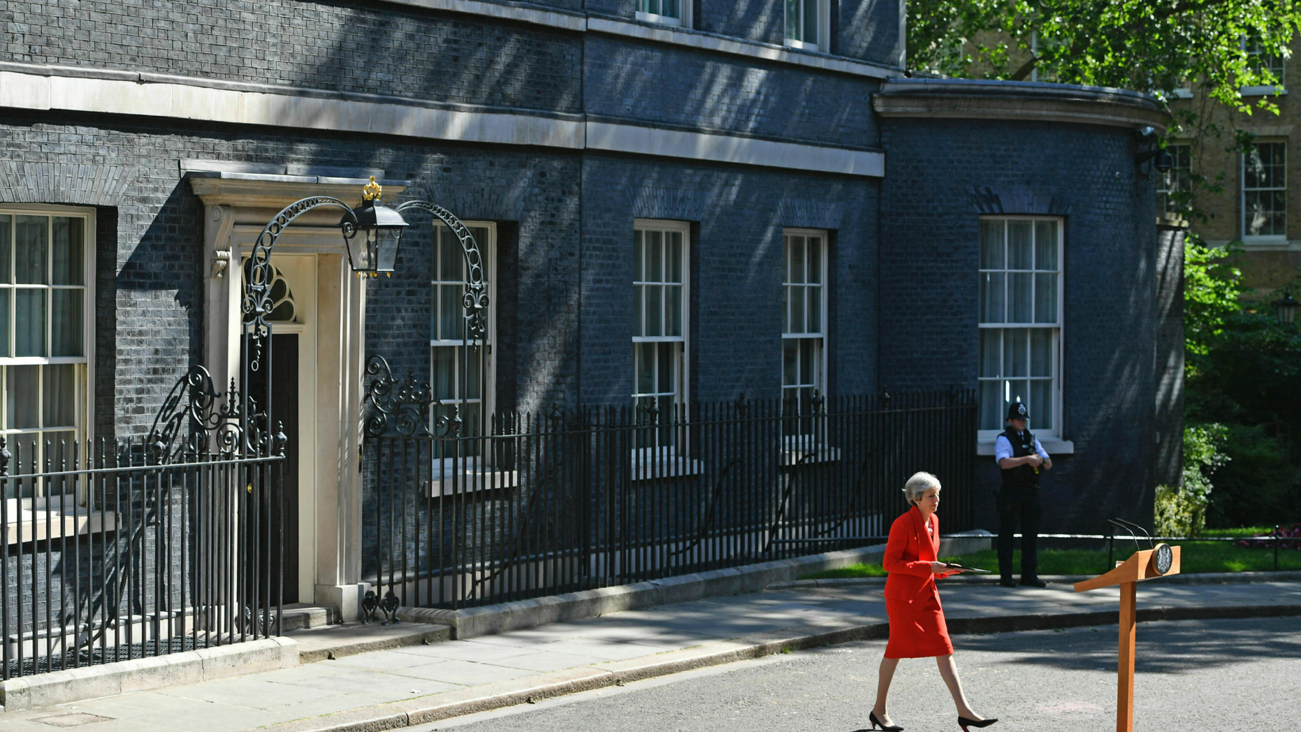 Britain's Prime Minister Theresa May arrives to make a statement outside at 10 Downing Street in London, Friday May 24, 2019. Theresa May says she'll quit as UK Conservative leader on June 7, sparking contest for Britain's next prime minister. (Dominic Lipinski/PA via AP)