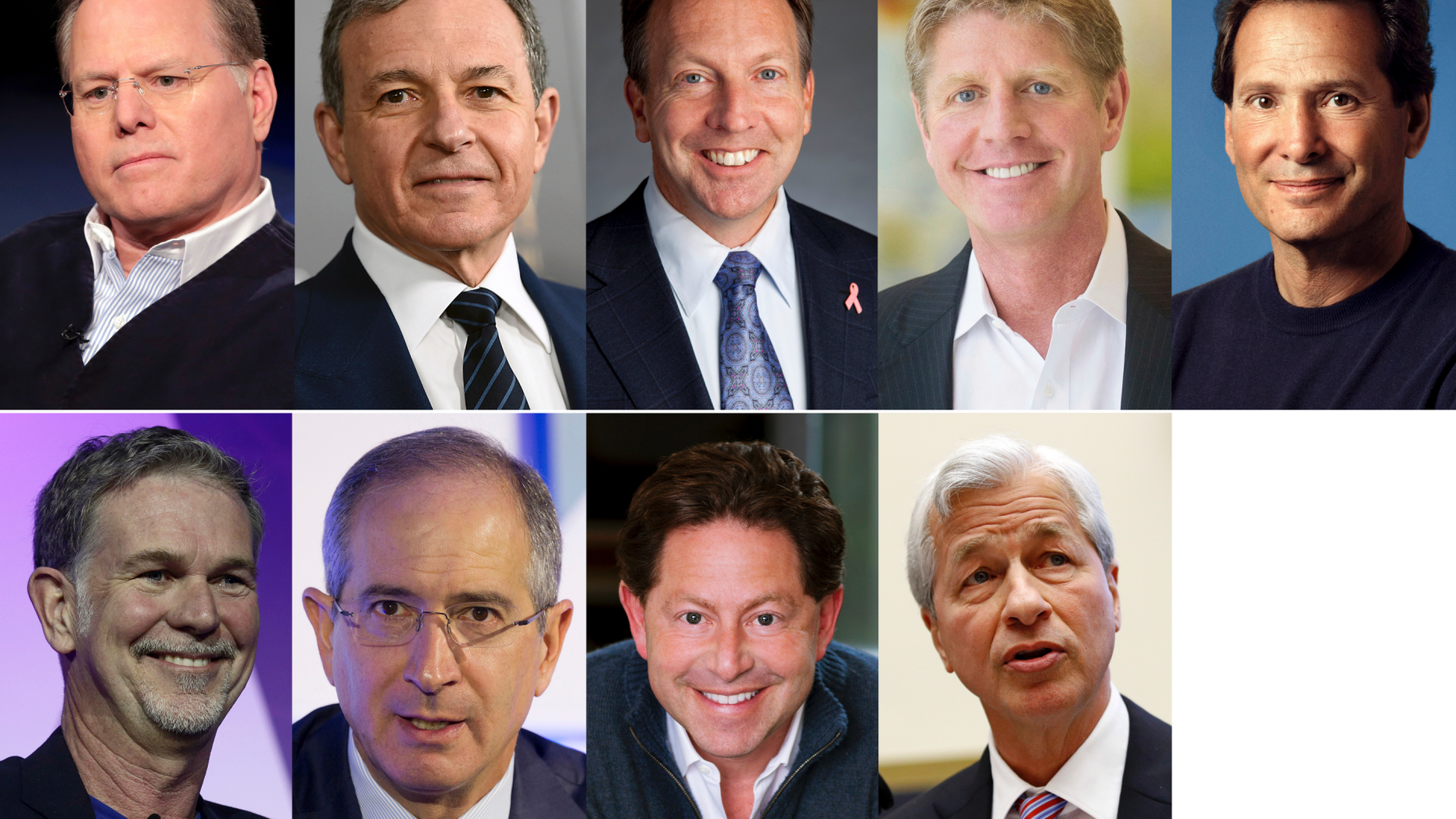 This photo combination shows the highest-paid CEOs at big U.S. companies for 2018, as calculated by The Associated Press and Equilar, an executive data firm. Top row, from left: David Zaslav, Discovery, $129.5 million; Robert Iger, Walt Disney, $65.6 million; Stephen MacMillan, Hologic, $42 million; and Joseph Hogan, Align Technology, $41.8 million; and Daniel Schulman, PayPal, $37.8 million. Bottom row, from left: Reed Hastings, Netflix, $36.1 million; Brian Roberts, Comcast, $35 million; Robert Kotick, Activision Blizzard, $30.8 million; and James Dimon, JPMorgan Chase, $30 million. (AP Photo)