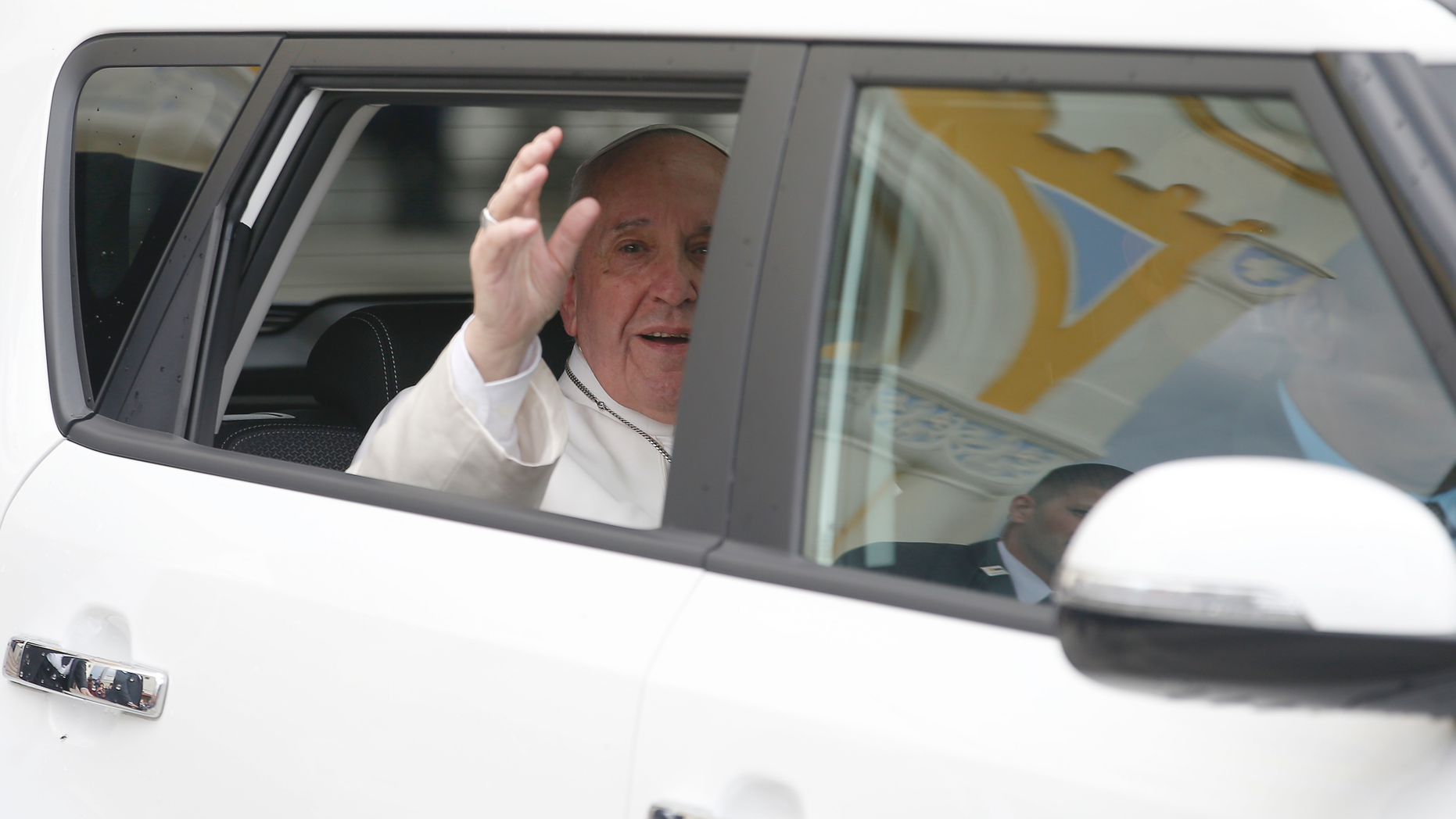 Pope Francis leaves after a meeting with the Catholic community in the Church of St. Michael Archangel, in Rakovsky, Bulgaria, Monday, May 6, 2019. Pope Francis is visiting Bulgaria, the European Union's poorest country and one that taken a hard line against migrants, a stance that conflicts with the pontiff's view that reaching out to vulnerable people is a moral imperative. (AP Photo/Darko Vojinovic)