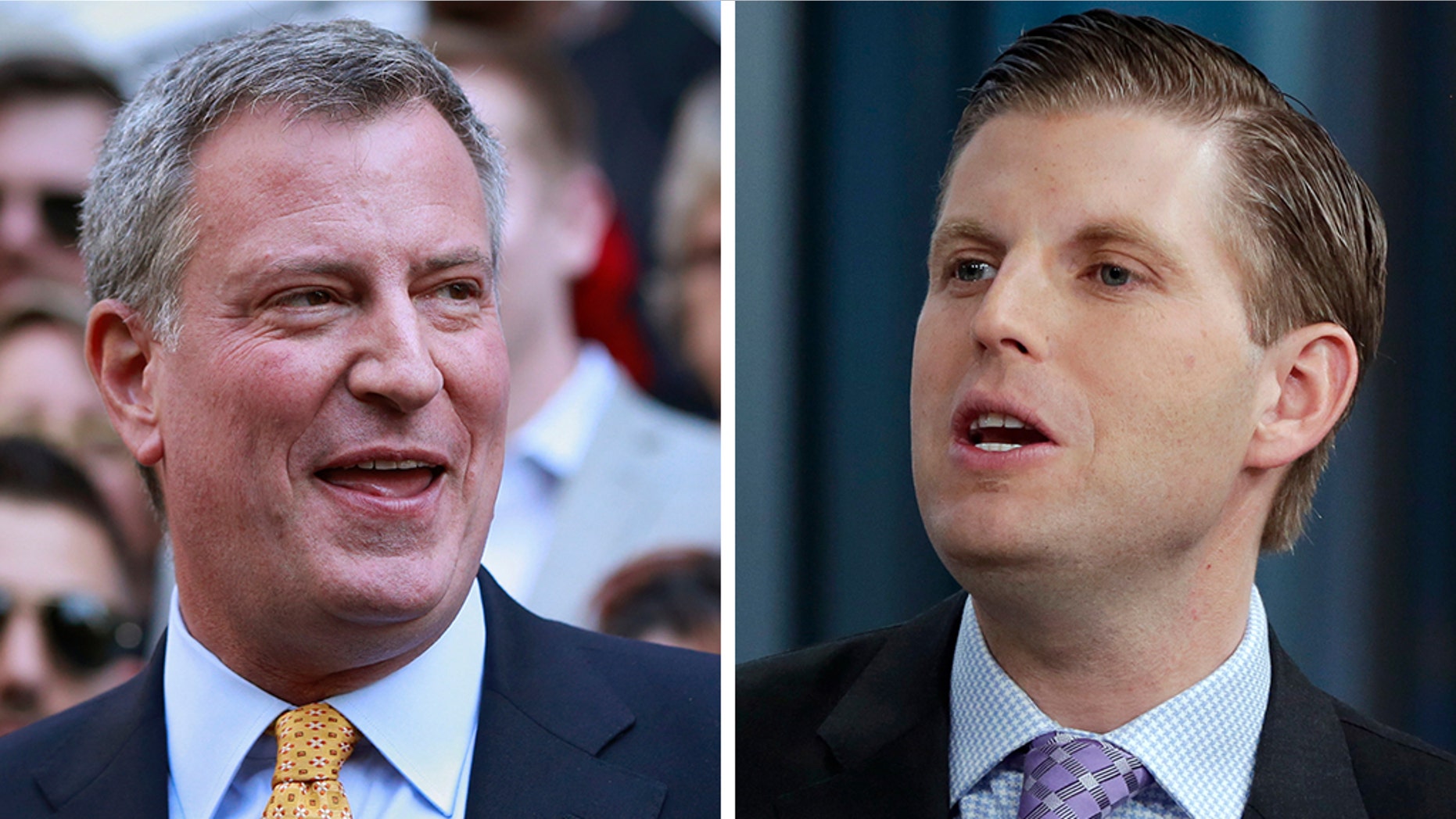 Eric Trump and Democratic New York City Mayor Bill de Blasio had a nasty spat on Twitter following the mayor's Green New Deal rally he held in the lobby of Trump Tower. (Reuters/AP)