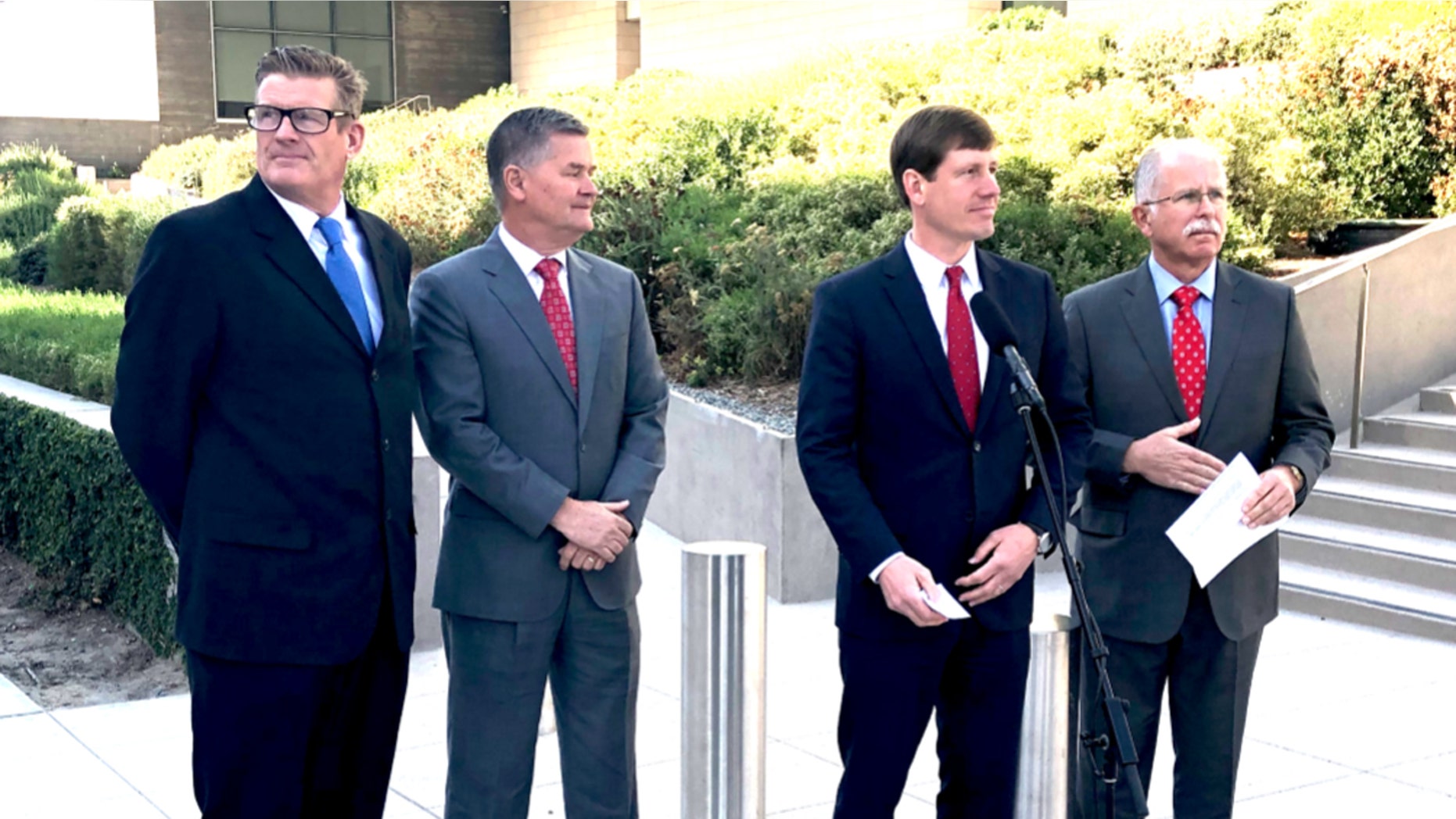 Tommy Few, alongside California Policy Center attorney Mark Bucher, Liberty Justice Center attorney Brian Kelsey, and Mark Janus (L-R).