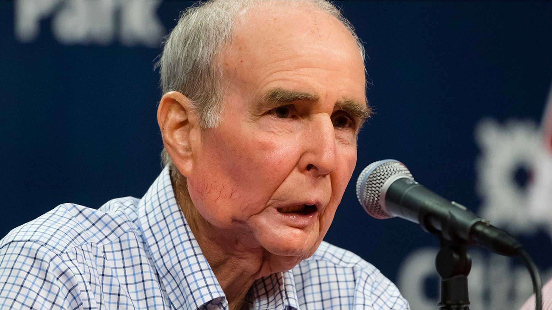 FILE - In this Aug. 7, 2017, file photo, Philadelphia Phillies Chairman David Montgomery speaks during a news conference in Philadelphia. The Philadelphia Phillies say the team's chairman has passed away after a lengthy battle with cancer. David Montgomery was 72. (AP Photo/Matt Rourke, File)