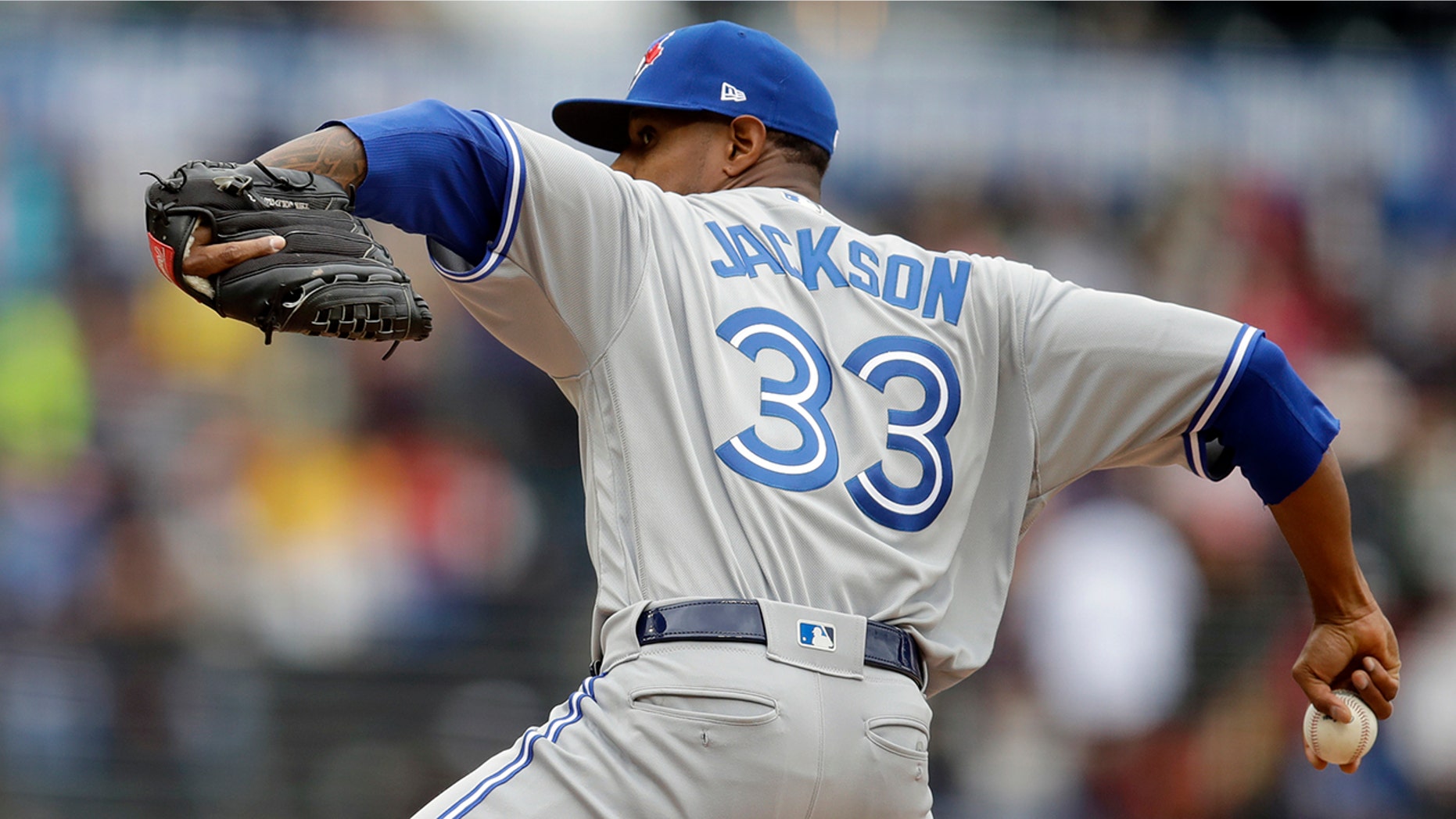 Toronto Blue Jays pitcher Edwin Jackson works against the San Francisco Giants in the first inning of a baseball game Wednesday, May 15, 2019, in San Francisco. (AP Photo/Ben Margot)