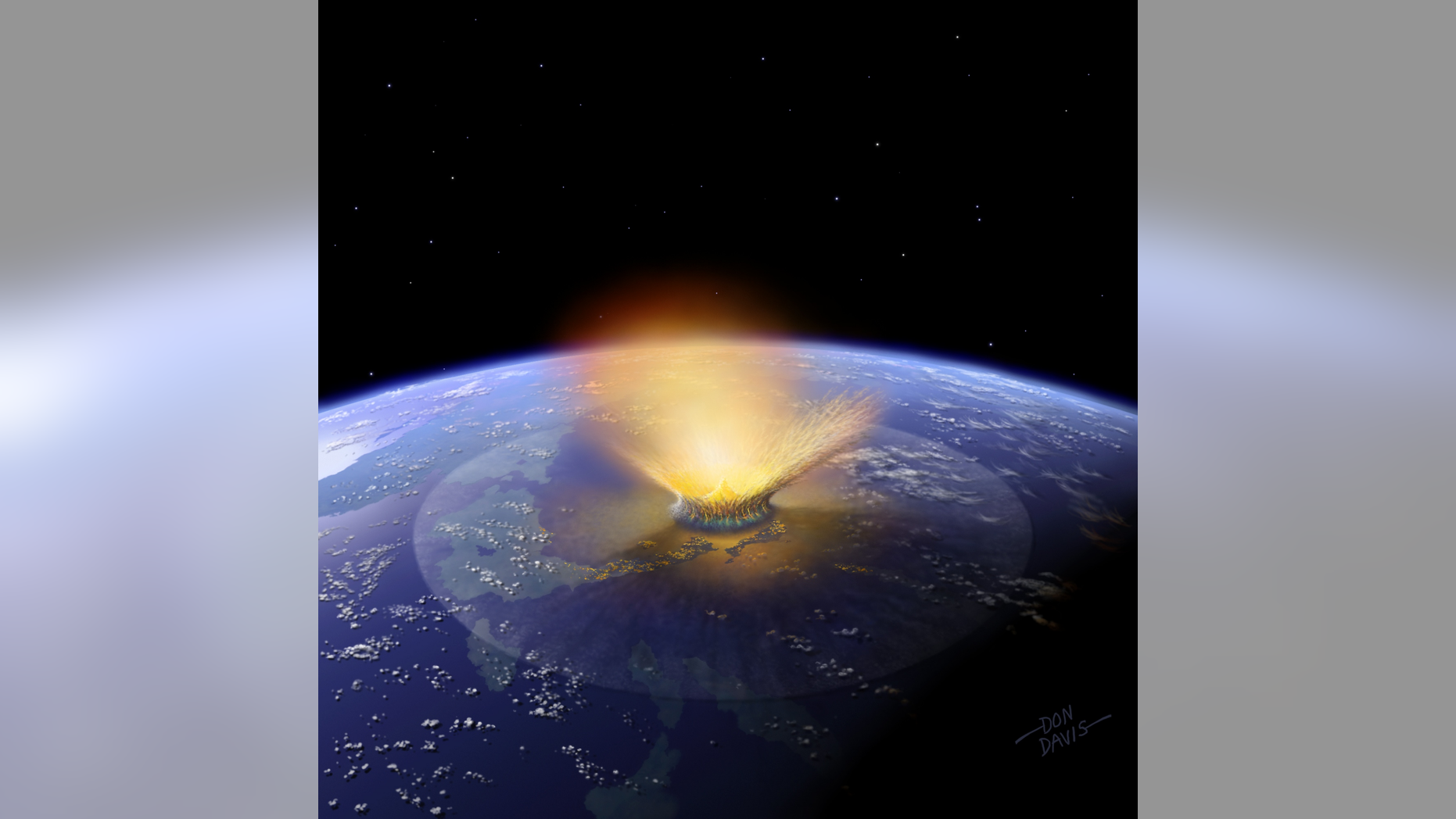 Artist’s impression of a 6-mile-wide asteroid— the size of the dinosaur-killing object — striking the Earth.