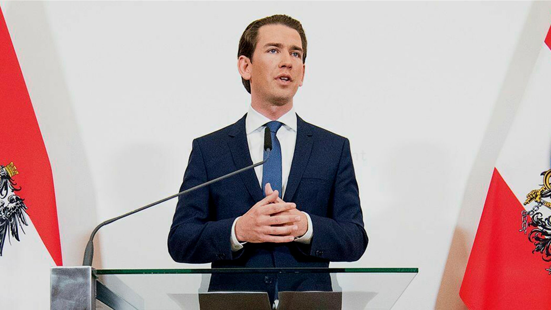 Austrian Chancellor Sebastian Kurz (Austrian People's Party) addresses the media during a press conference at the Federal Chancellors Office in Vienna on Saturday. Kurz has called for an early election after the resignation of his vice chancellor spelled an end to his governing coalition. (AP Photo/Michael Gruber)