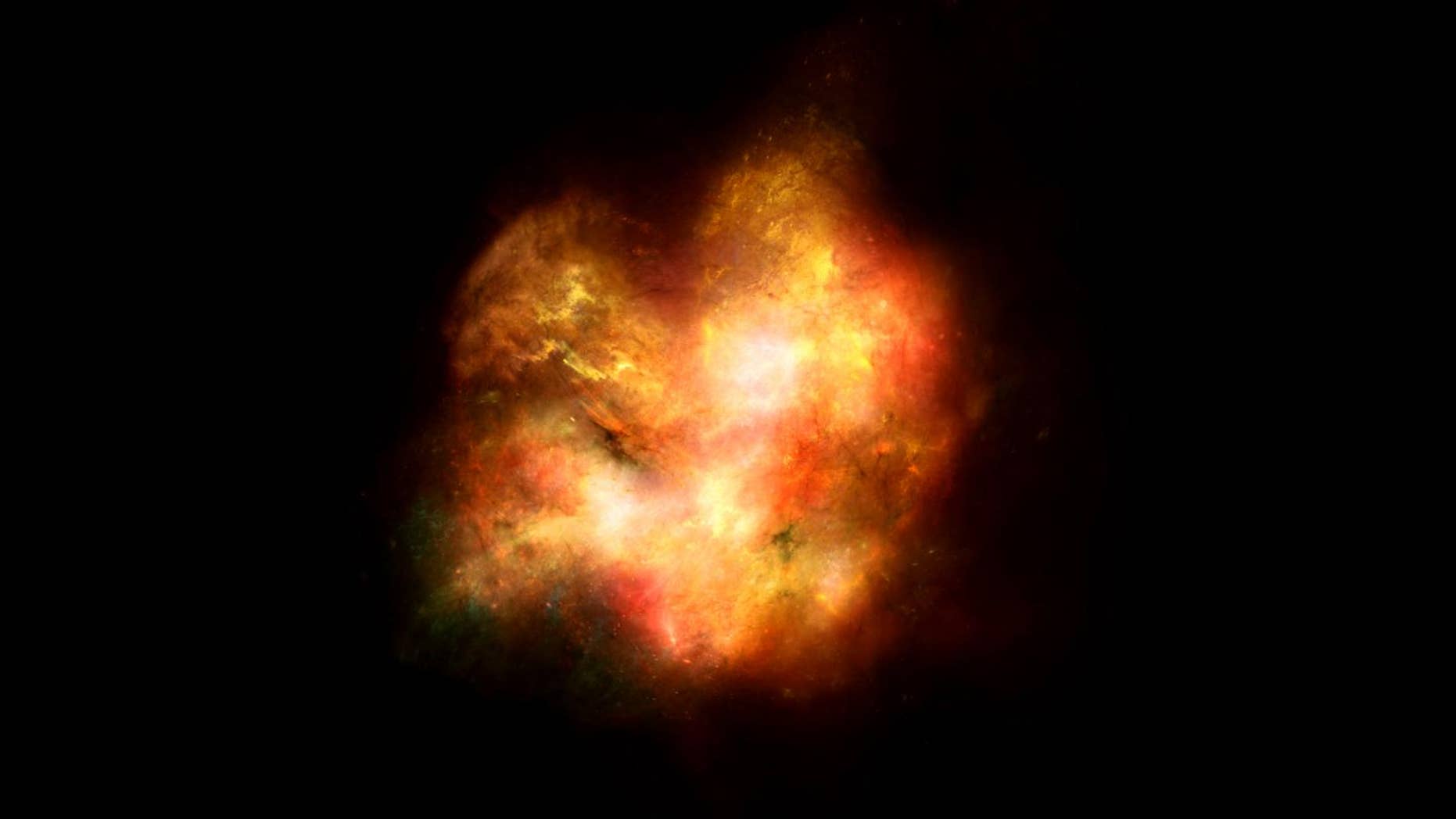 This artist's illustration shows what one of the very first galaxies in the universe might have looked like. The galaxy is largely opaque and without a clear structure, because high levels of violent star formation and star death illuminate the gas filling the space between stars.