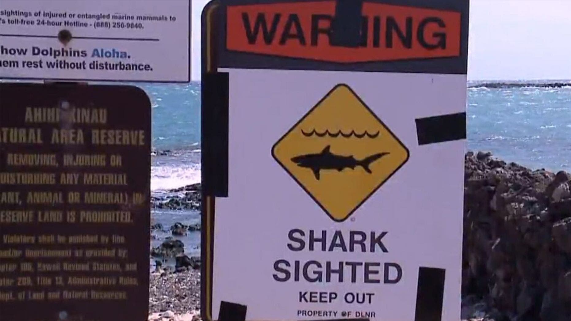 Shark warning signs were posted in the Ka'anapali Beach Park area on Maui after a man was killed in an apparent shark attack on Saturday.