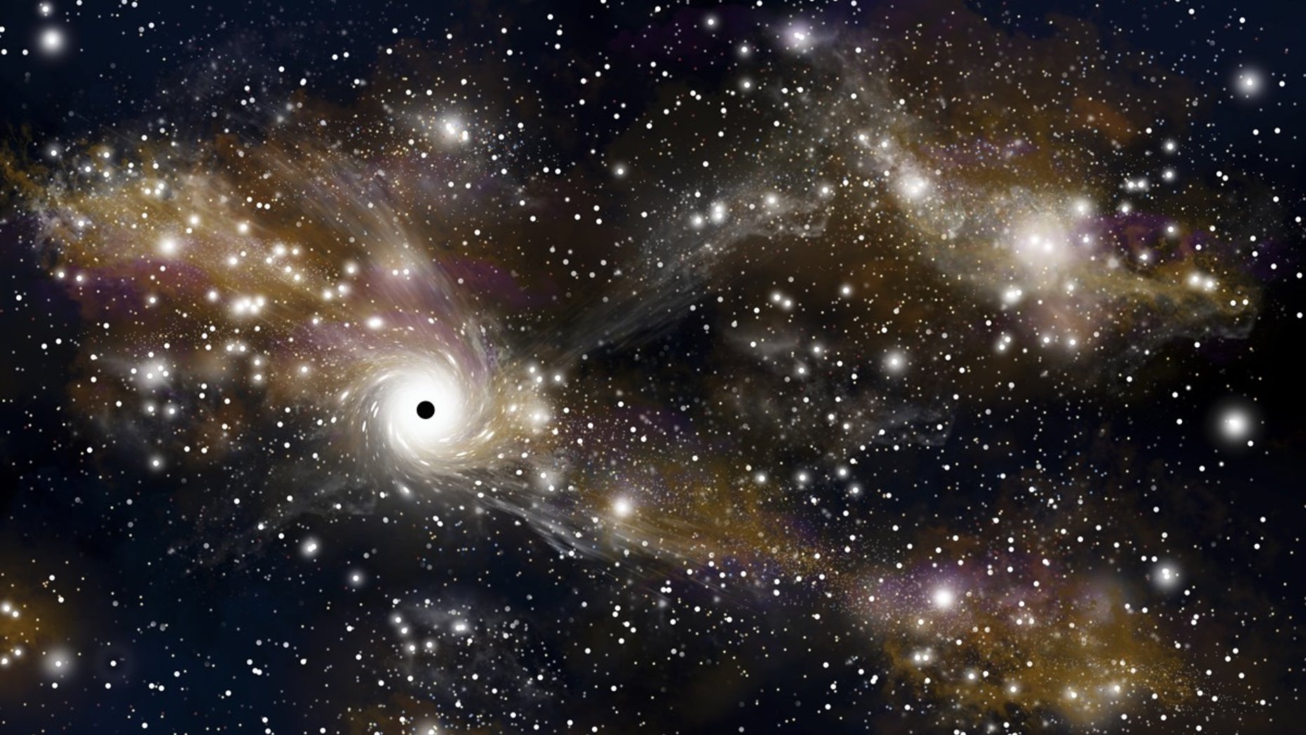 An artist's impression shows a black hole's accretion disk, with gas and dust from nearby nebula being pulled toward the disk.