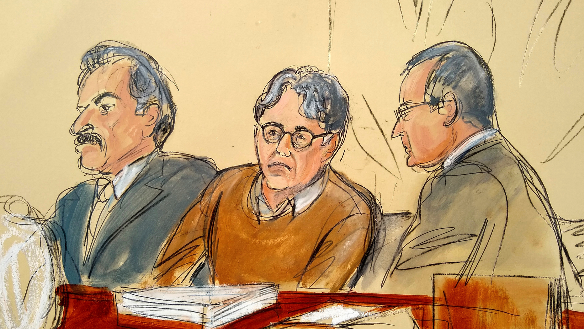 In this courtroom drawing, defendant Keith Raniere, center, is seated between his attorneys Paul DerOhannesian, left, and Marc Agnifilo during the first day of his sex trafficking trial, Tuesday, May 7, 2019. Raniere, the former leader of the self help group called NXIVM, has pleaded not guilty to the charges that he turned his followers into sex slaves. (Elizabeth Williams via AP)
