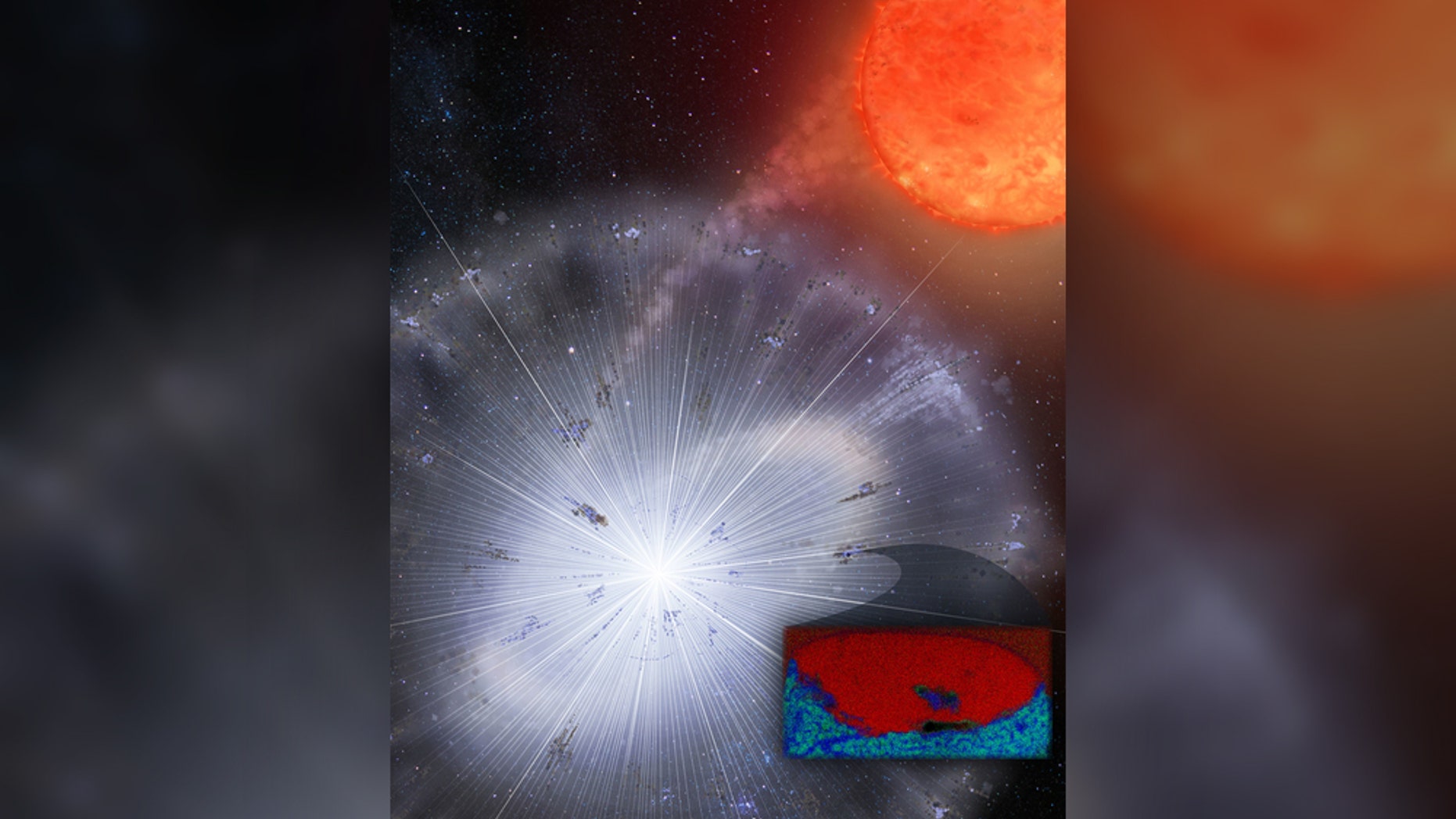 Researchers recently found stardust embedded in a meteorite from Antarctica. This tiny grain made up of carbon-rich material (red) and oxygen-rich material (blue) likely formed in a nova explosion.