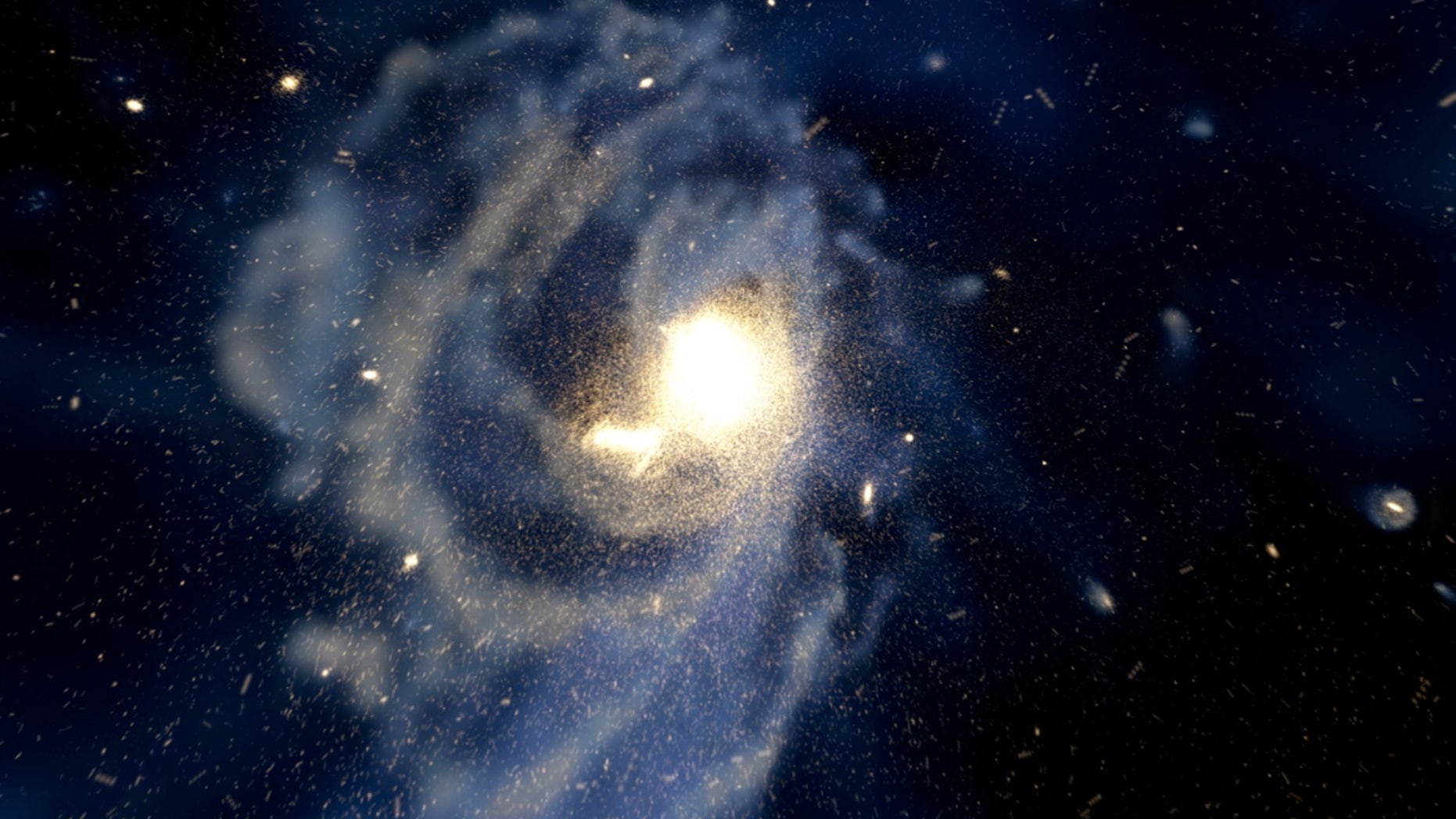 In a computer simulation of spiral galaxy formation, a halo structure partially forms from a pileup of many small galaxies. Even after merged galaxies disintegrate, individual stars retain chemical traces from their original galaxies.