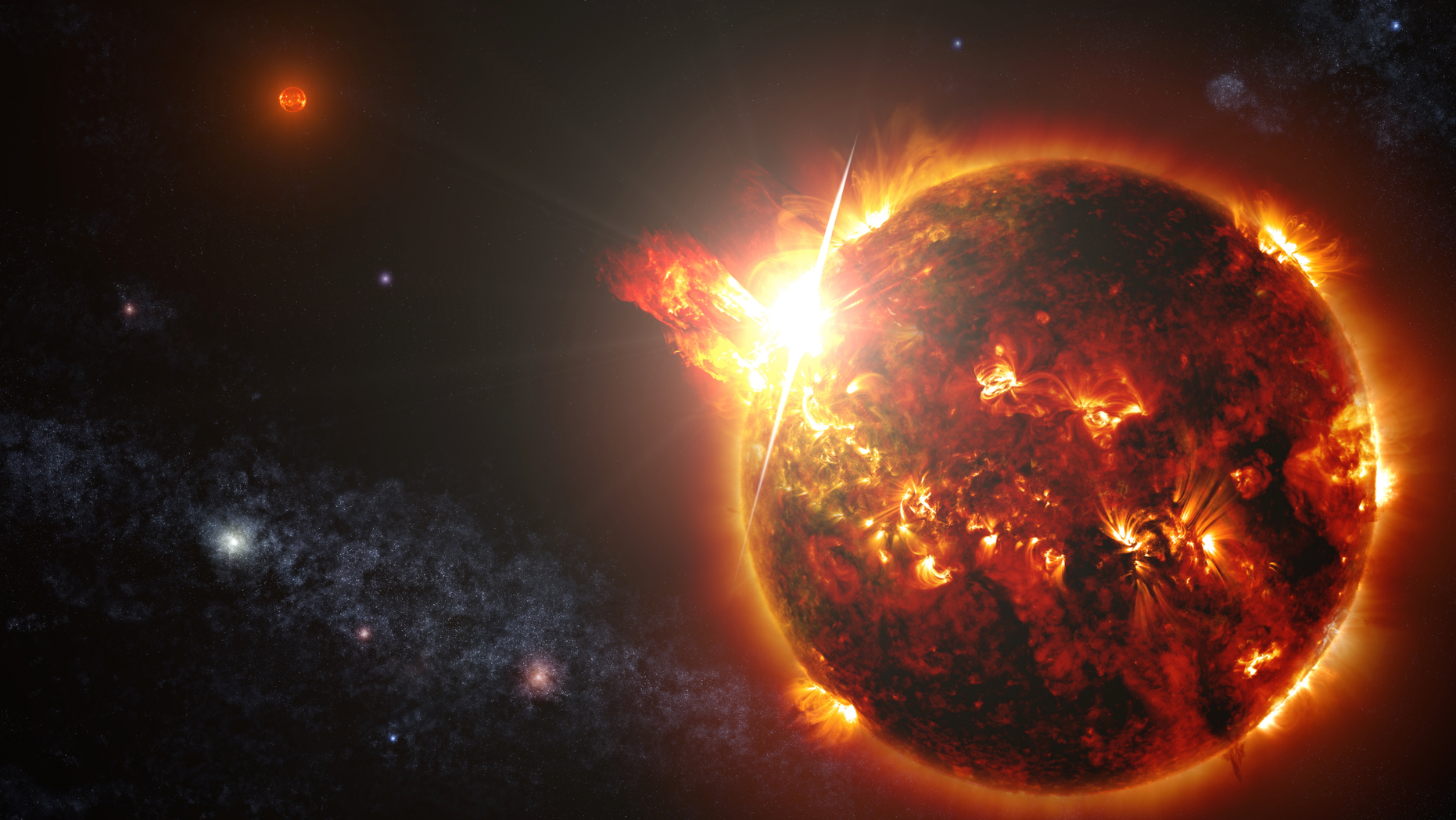 An artist's depiction of a stellar flare in a distant star system.