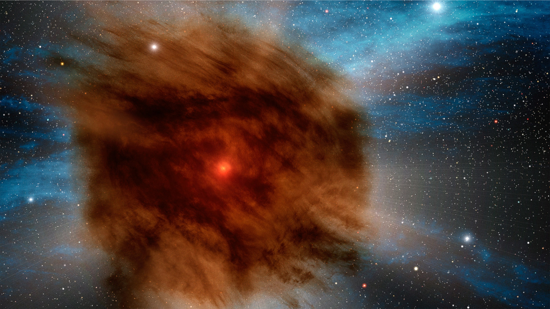 An artist's rendering of an outer shell of gas and dust surrounding a giant supernova.
