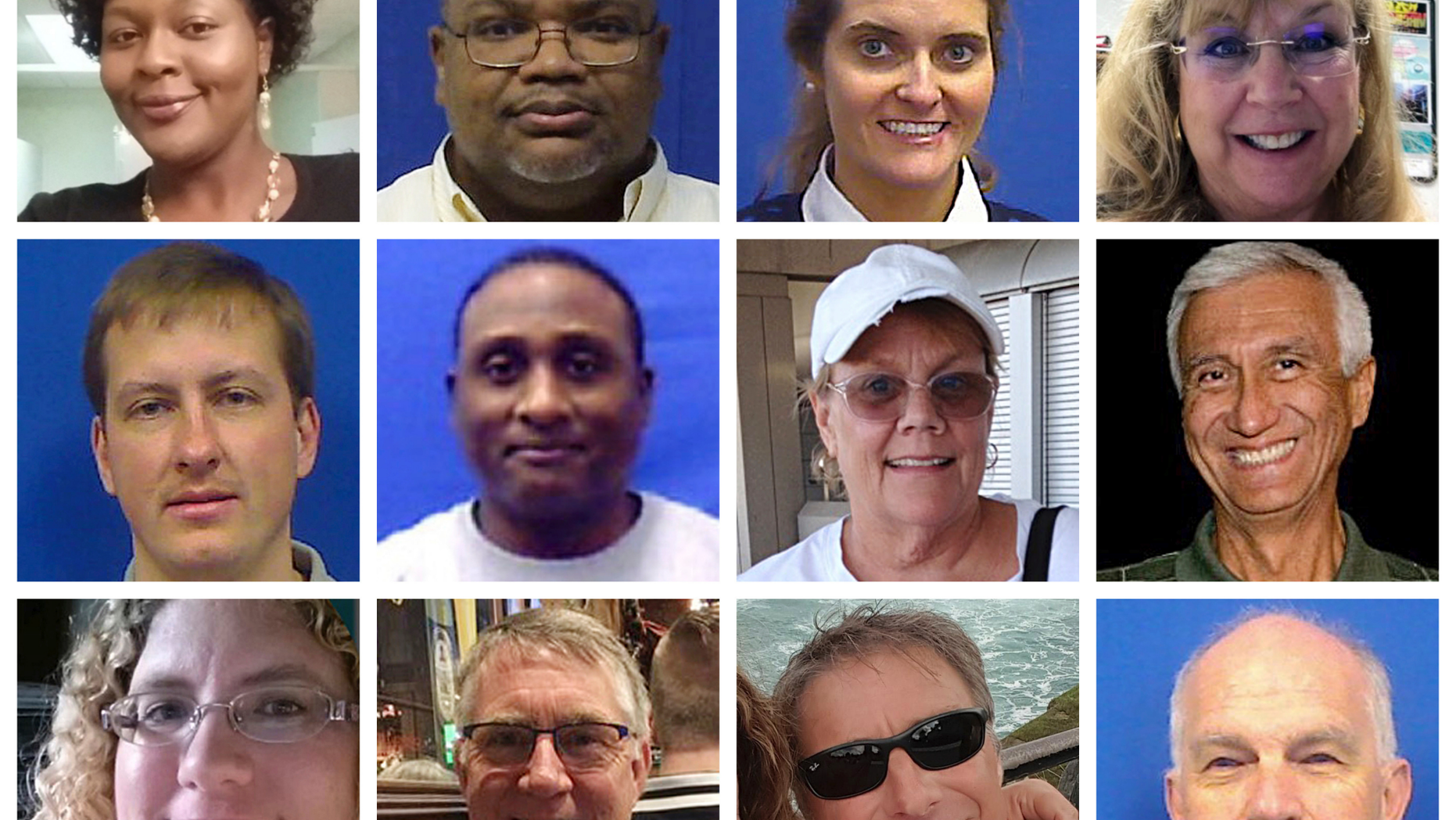 This combination of photos provided by the City of Virginia Beach on Saturday, June 1, 2019 shows victims of Friday's shooting at a municipal building in Virginia Beach, Va. Top row from left are Laquita C. Brown, Ryan Keith Cox, Tara Welch Gallagher and Mary Louise Gayle. Middle row from left are Alexander Mikhail Gusev, Joshua O. Hardy, Michelle "Missy" Langer and Richard H. Nettleton. Bottom row from left are Katherine A. Nixon, Christopher Kelly Rapp, Herbert "Bert" Snelling and Robert "Bobby" Williams. (Courtesy City of Virginia Beach via AP)