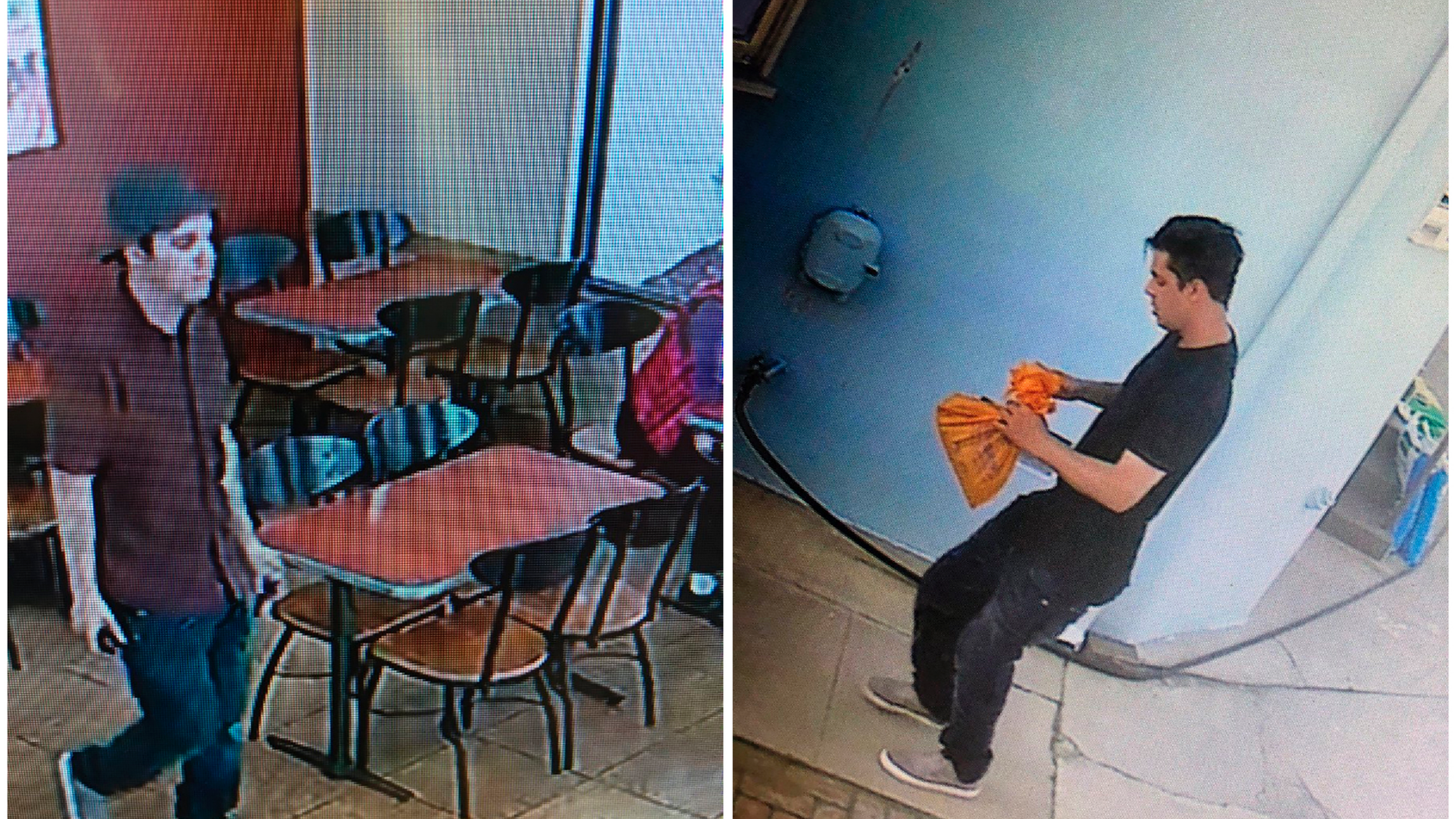 This combination of Monday, June 10, 2019 photos taken by a surveillance camera and provided by the Los Angeles County Sheriff's Department's Homicide Bureau shows a suspect the authorities are seeking the publics help in identifying in the shooting of a sheriff's deputy that left the officer critically wounded at a fast-food restaurant in Alhambra, Calif. The off-duty deputy was shot on Monday as he waited in line at the restaurant. The photo at right shows the suspect after he changed his clothes in a nearby neighborhood. (Los Angeles County Sheriff's Department's Homicide Bureau via AP)
