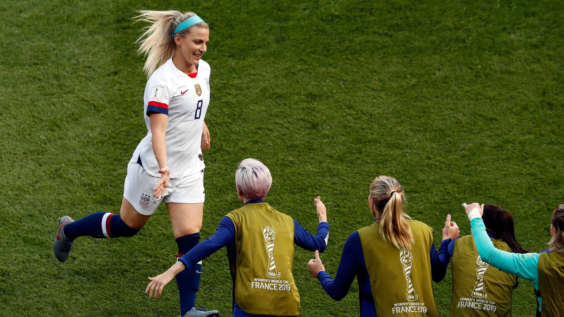 United States' Julie Ertz, left, celebrates after scoring her side's second goal during the Women's World Cup Group F soccer match between the United States and Chile at the Parc des Princes in Paris, Sunday, June 16, 2019. ()