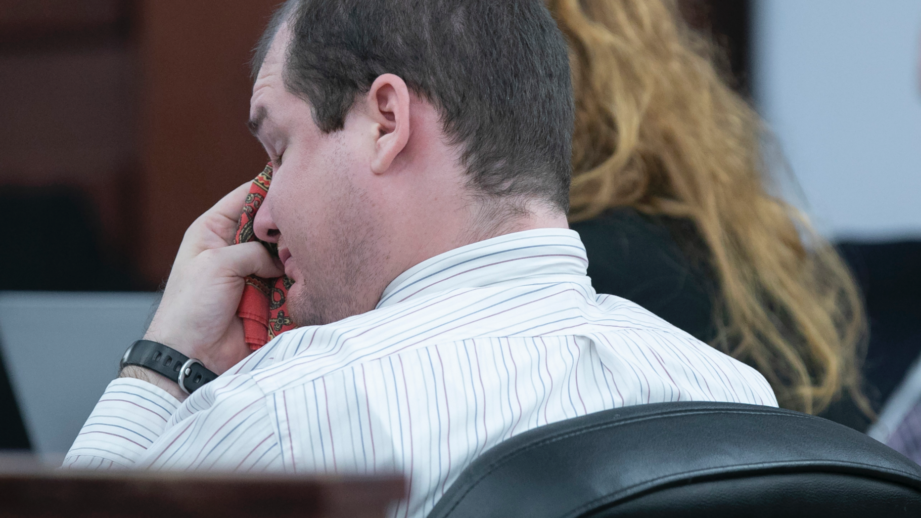 Tim Jones, Jr. wipes his eyes while conference his grandmother attest during a sentencing proviso of his hearing in Lexington, S.C., Monday, Jun 10, 2019. Timothy Jones, Jr. was found guilty of murdering his 5 immature children in 2014. (Tracy Glantz/The State around AP, Pool)