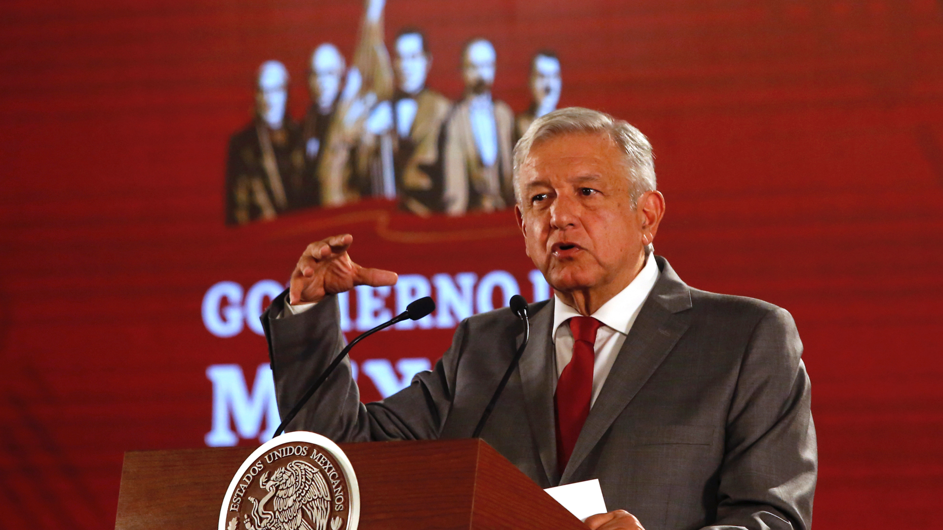 Mexico President Andrés Manuel López Obrador says Mexico will not respond to U.S. President Donald Trump's threat of coercive tariffs with desperation, but instead push for dialogue, during his daily press conference at the National Palace, in Mexico City, Mexico, Friday, May 31, 2019. (AP Photo/Ginnette Riquelme)
