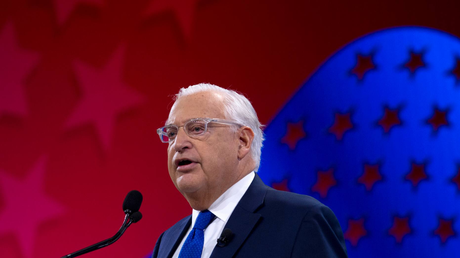 FILE - In this March 26, 2019 file photo, United States Ambassador to Israel David Friedman speaks at the 2019 American Israel Public Affairs Committee (AIPAC) policy conference, at Washington Convention Center, in Washington. Friedman says Israel has the right to retain parts, but not all, of the West Bank. His remarks in an interview The New York Times published Saturday, June 8, 2019, comes about two months after Israeli Prime Minister Benjamin Netanyahu vowed to begin annexing parts of the West Bank. (AP Photo/Jose Luis Magana, File)
