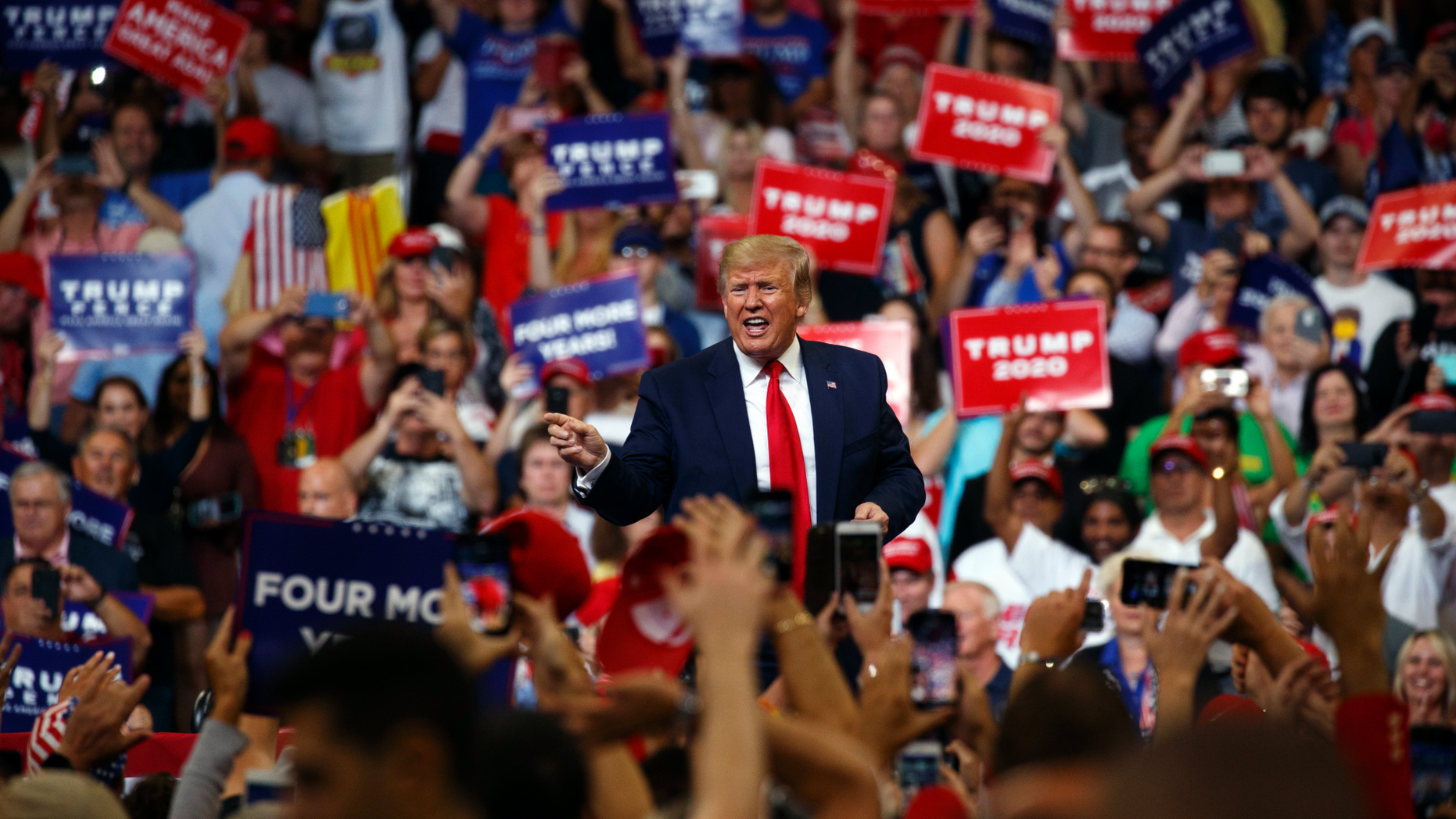 President Donald Trump reacts to the crowd after speaking at his re-election kickoff rally at the Amway Center, Tuesday, June 18, 2019, in Orlando, Fla. (AP Photo/Evan Vucci)