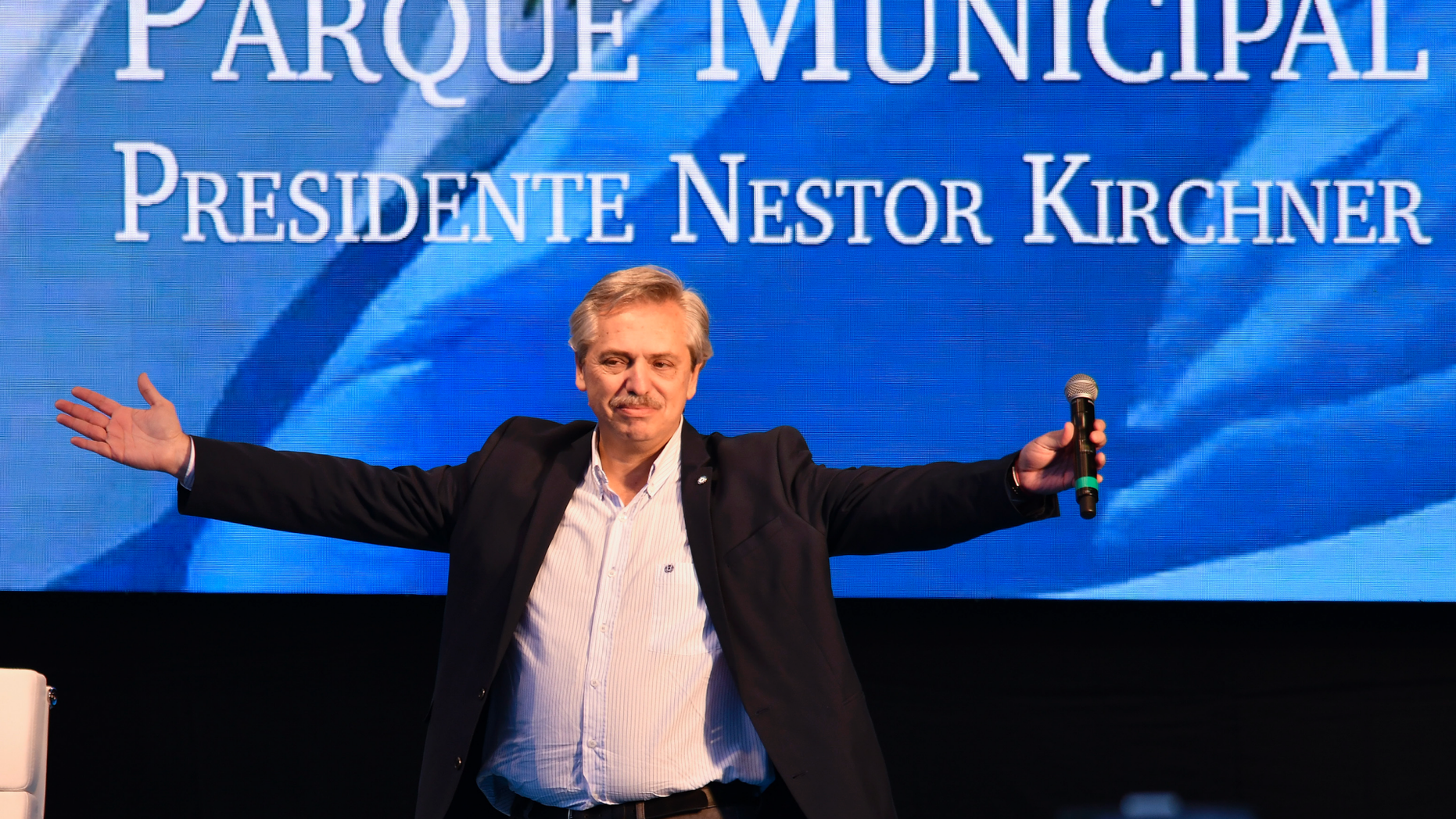 FILE - In this May 25, 2019 file photo, Argentine presidential candidate Alberto Fernandez acknowledges the audience during a campaign rally in Buenos Aires, Argentina. On Monday, June 3, 2019, Fernandez checked himself into the hospital for tests following a persistent cough. (AP Photo/Gustavo Garello, File)