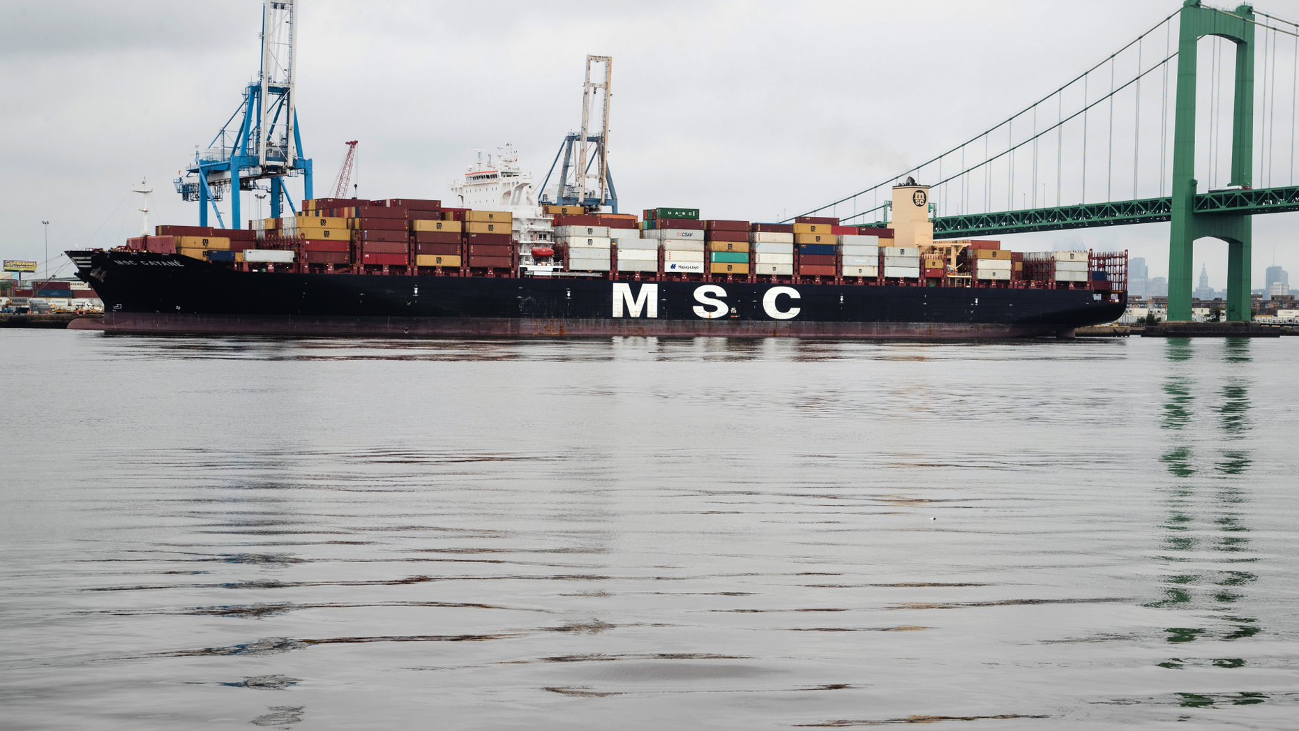 The MSC Gayane is moored at the Packer Marine Terminal in Philadelphia, Wednesday, June 19, 2019. U.S. authorities say they have seized more than $1 billion worth of cocaine from the container ship at Philadelphia's port, calling it one of the largest drug busts in American history. (AP Photo/Matt Rourke)