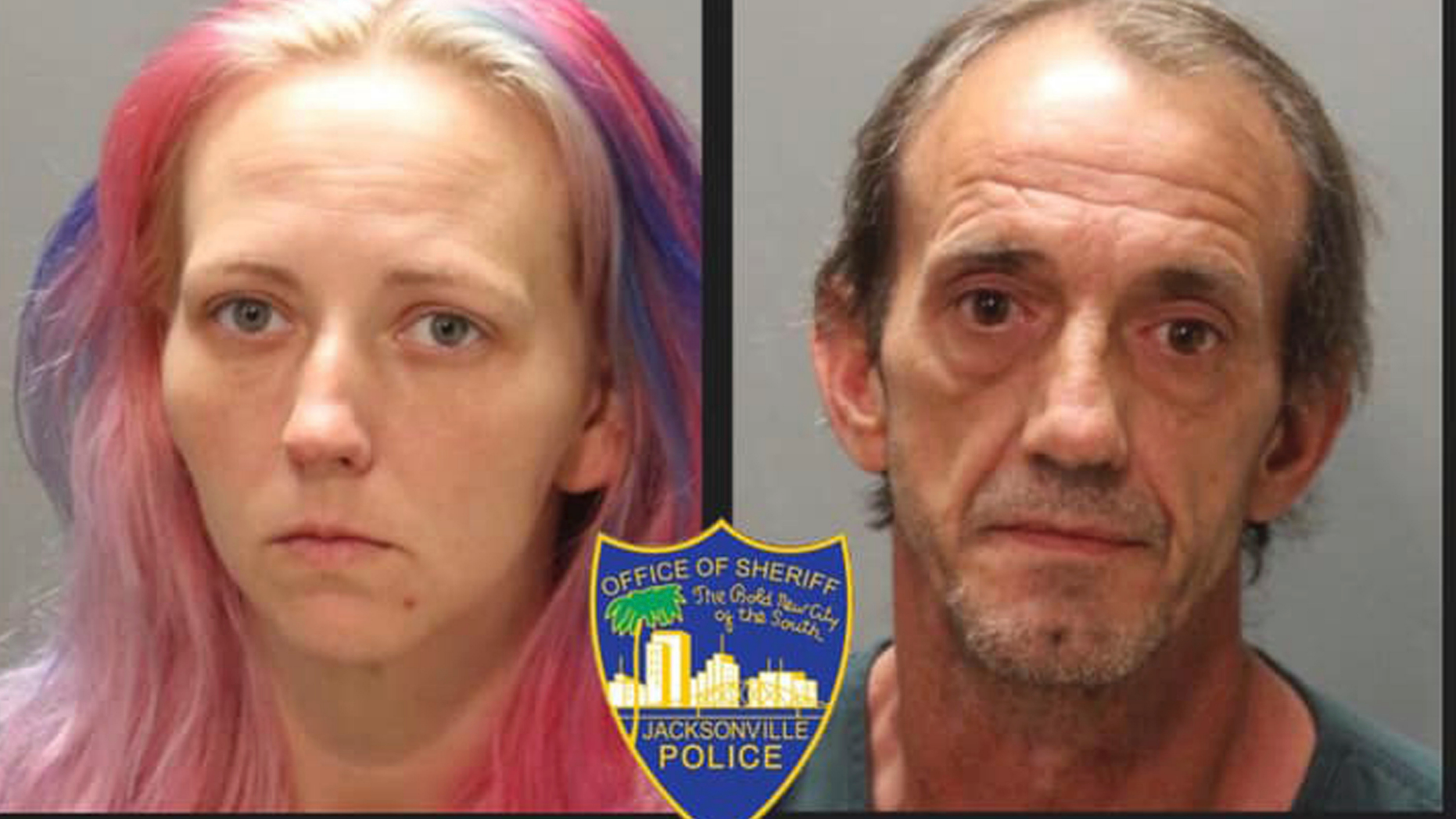 These booking photos provided by the Jacksonville Sheriff's Office, shows Amanda Lea Love, 31, left, and Jerry Allen Burns, 50. The pair were arrested Friday, May 31, 2019, on charges of second degree murder. Police say they hired someone to kill Burns' wife and make it look like a bungled burglary. The search continues for the person who killed 44-year-old Velvet Floyd Burns. (Jacksonville Sheriff's Office/The Florida Times-Union via AP)
