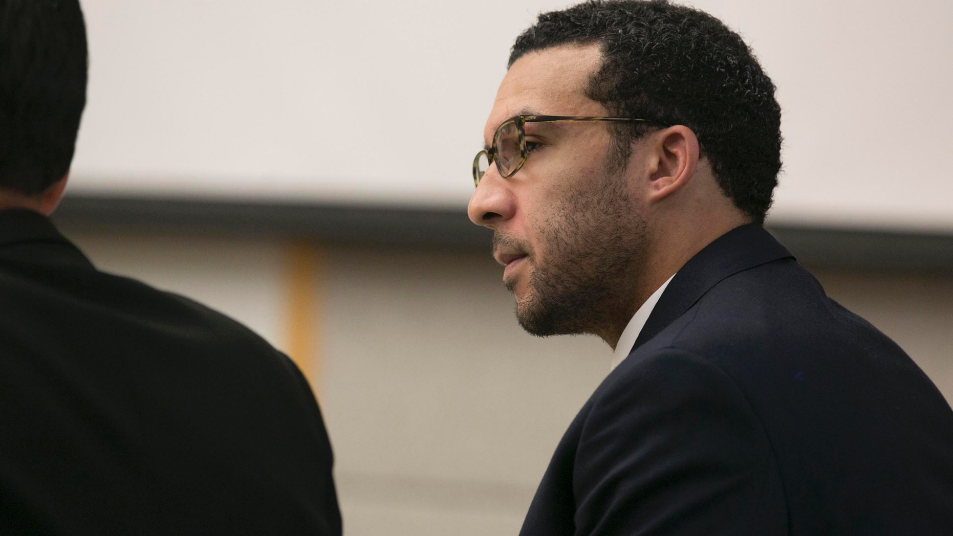 File - In this May 20, 2019, file photo, former NFL football player Kellen Winslow Jr. looks at attorney Marc Carlos during his rape trial in Vista, Calif. The former NFL star was convicted Monday, June 10, 2019, of raping 58-year-old homeless woman in San Diego County. (John Gibbins/The San Diego Union-Tribune via AP, Pool)