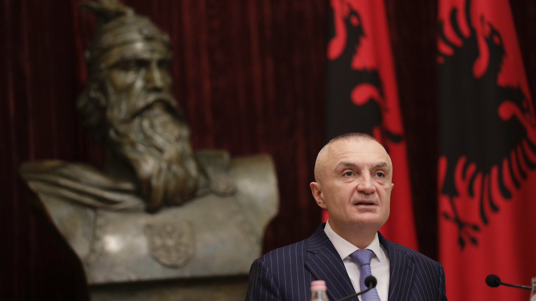 Albanian President Ilir Meta speaks during a news conference in capital Tirana, Albania on Monday June 10, 2019. Albania's president says he has canceled upcoming municipal elections fearing a “social tension.” Ilir Meta said holding elections without the opposition would be “undemocratic” and would “freeze the country’s integration.” (AP Photo/Hektor Pustina)